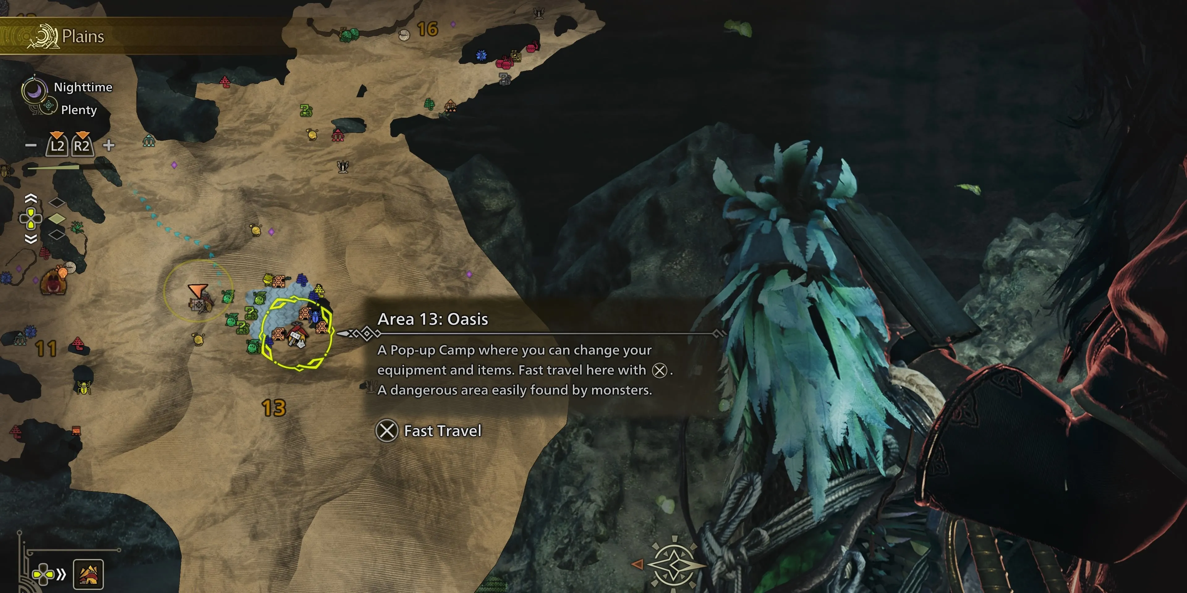 Trại tạm Oasis trong Monster Hunter Wilds nơi có thể dùng để di chuyển nhanh