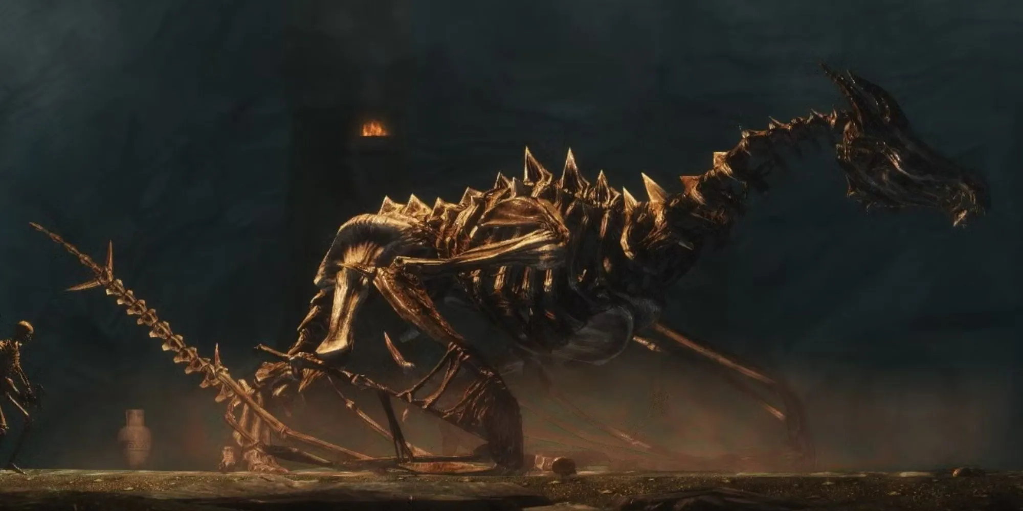 Trận chiến với boss rồng xương trong Labyrinthian, thuộc chuỗi nhiệm vụ của Học Viện Winterhold trong Skyrim.