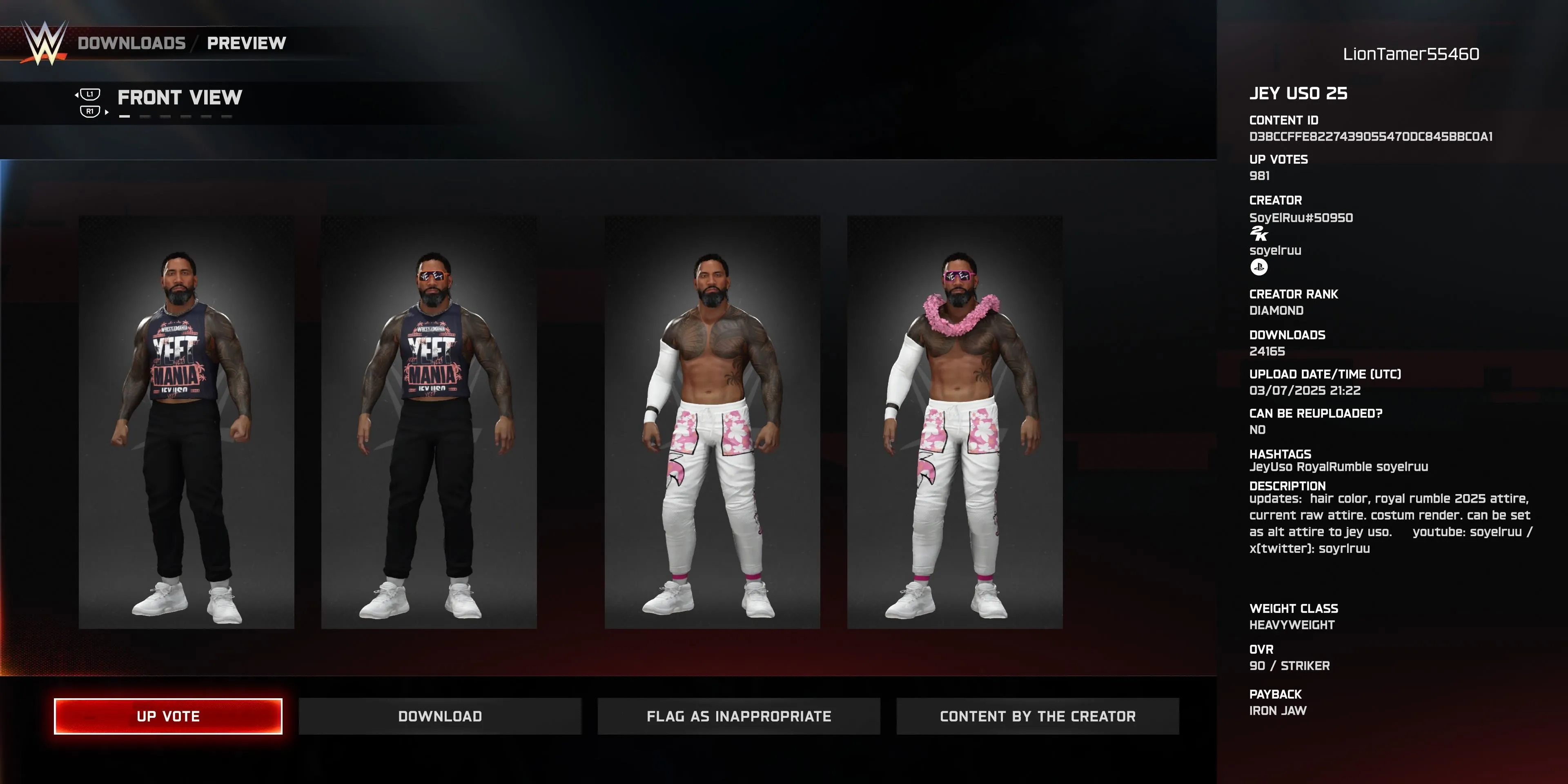 Trang phục Jey Uso 2025 YeetMania trong WWE 2K25 cùng với trang phục thay thế