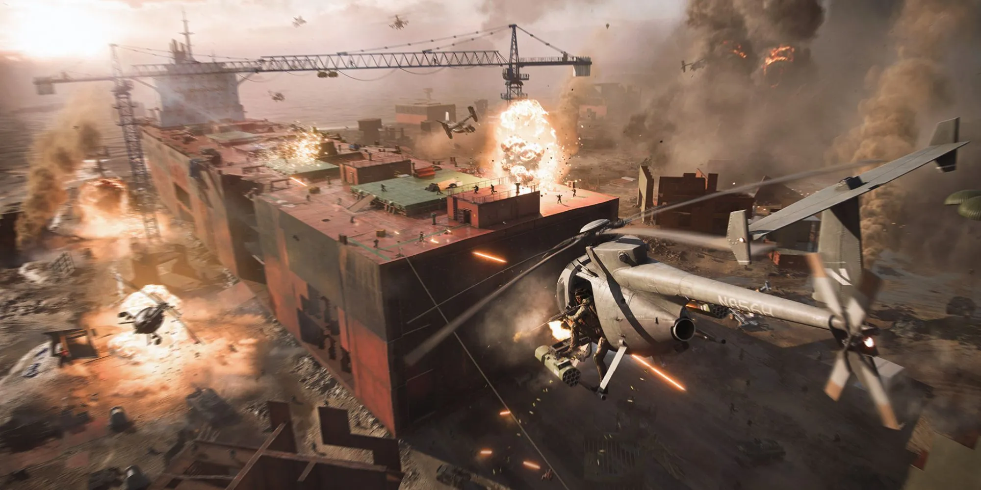 Trực thăng chiến đấu bay lượn trên bầu trời trong Battlefield 2042