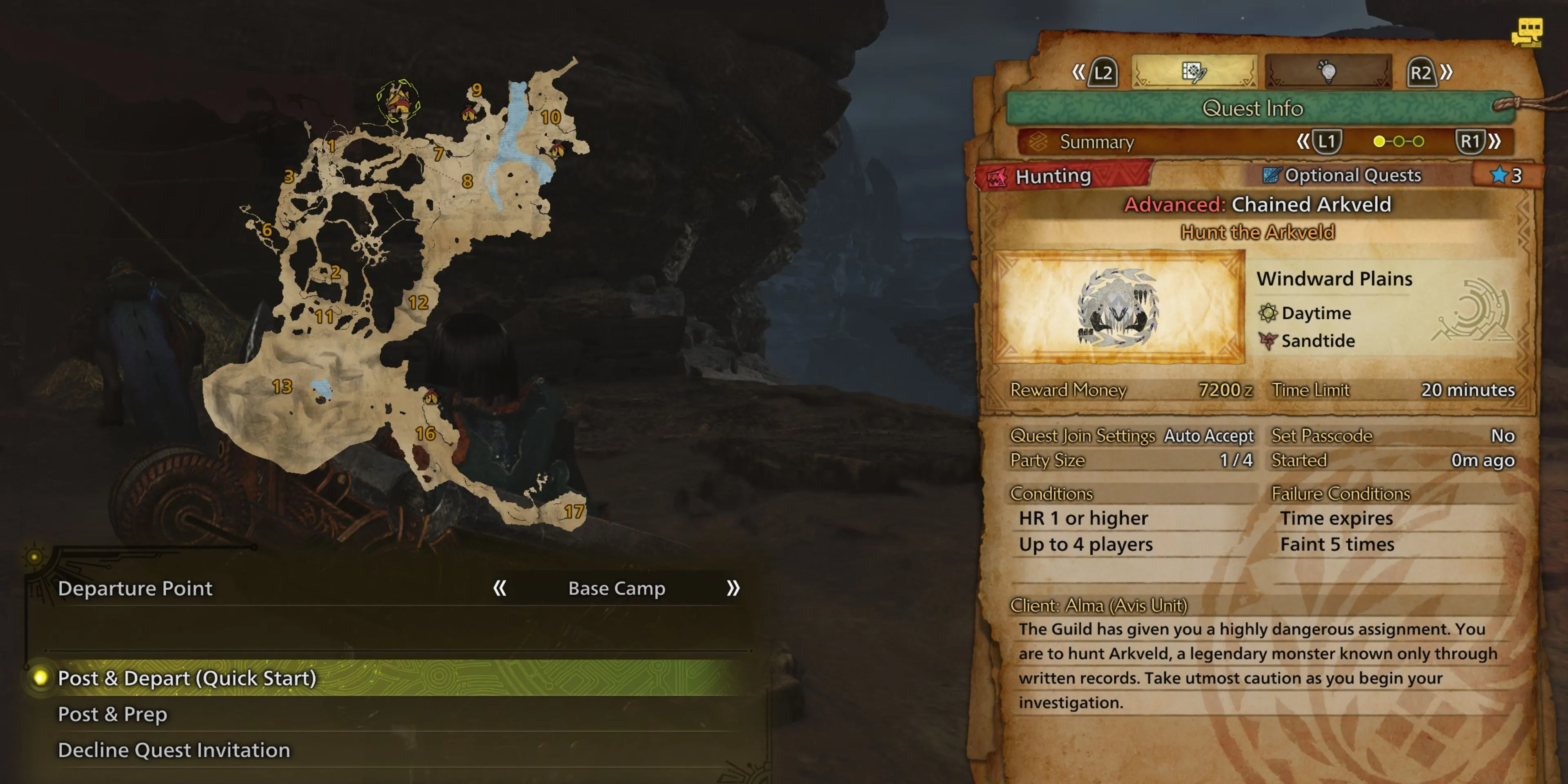 Tùy chọn đăng và khởi hành nhanh một nhiệm vụ săn quái trong Monster Hunter Wilds khi chơi cùng tổ đội