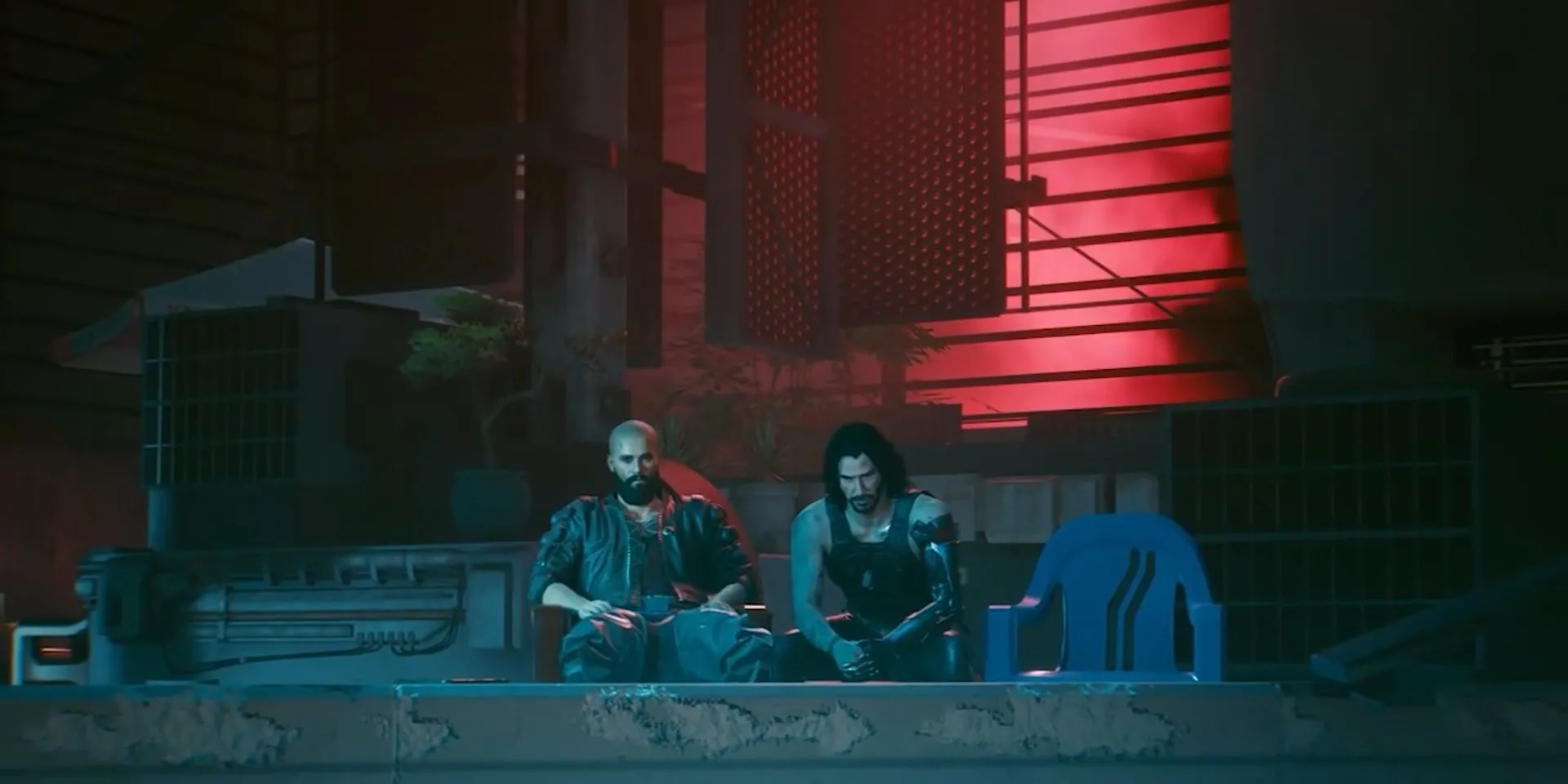 V và Johnny Silverhand trên tầng thượng nhìn ra Night City trong Cyberpunk 2077