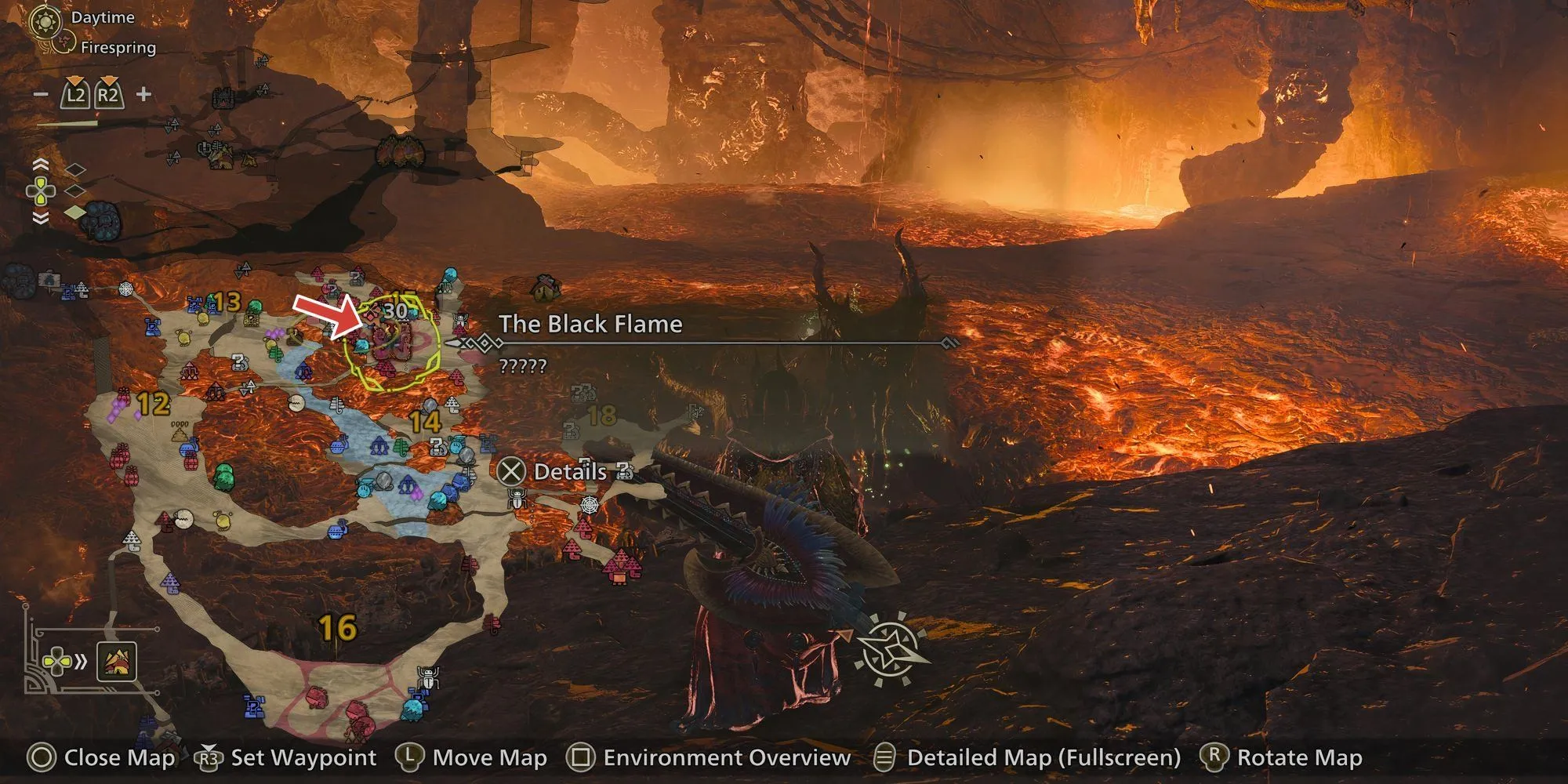 Vị trí của The Black Flame, hay Nu Udra, trong Monster Hunter Wilds tại Khu Vực 15 của bản đồ Oilwell Basin.