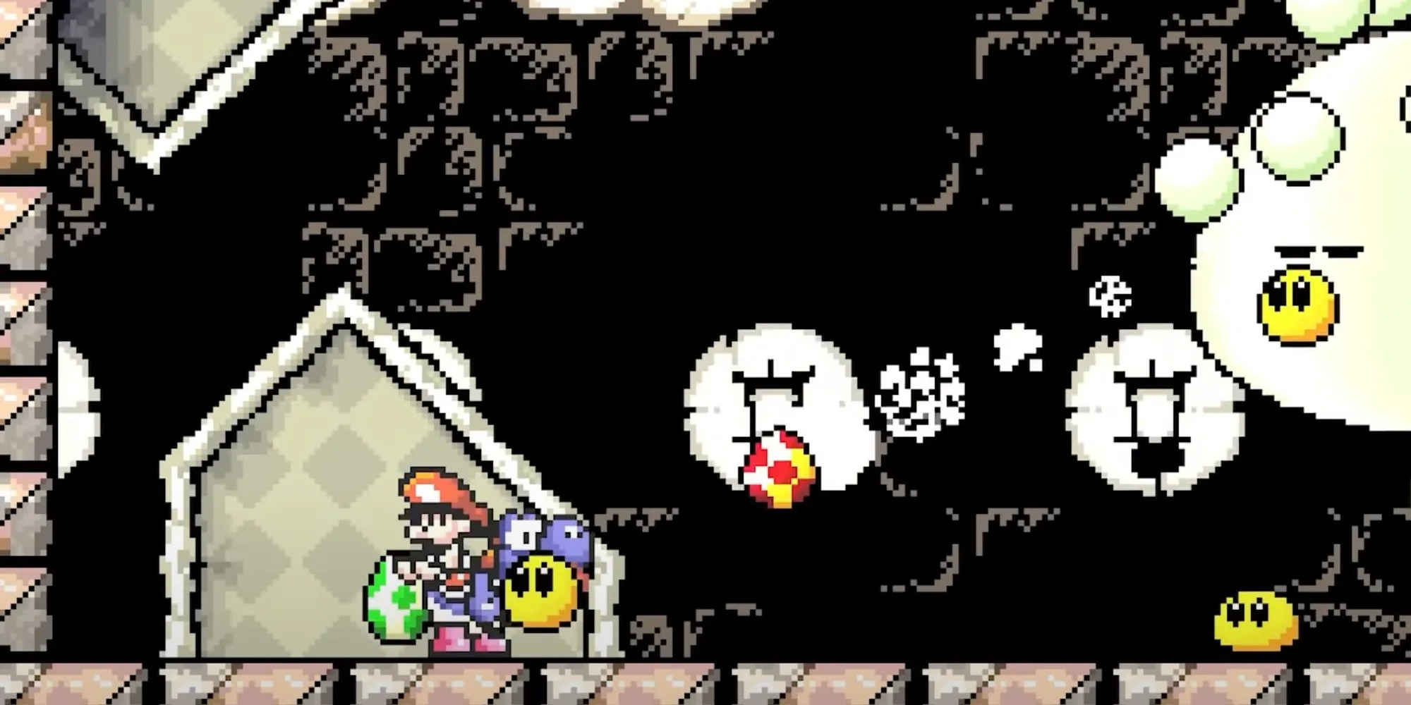 Yoshi cõng bé Mario chiến đấu với lũ Boo trong Super Mario World 2: Yoshi's Island.