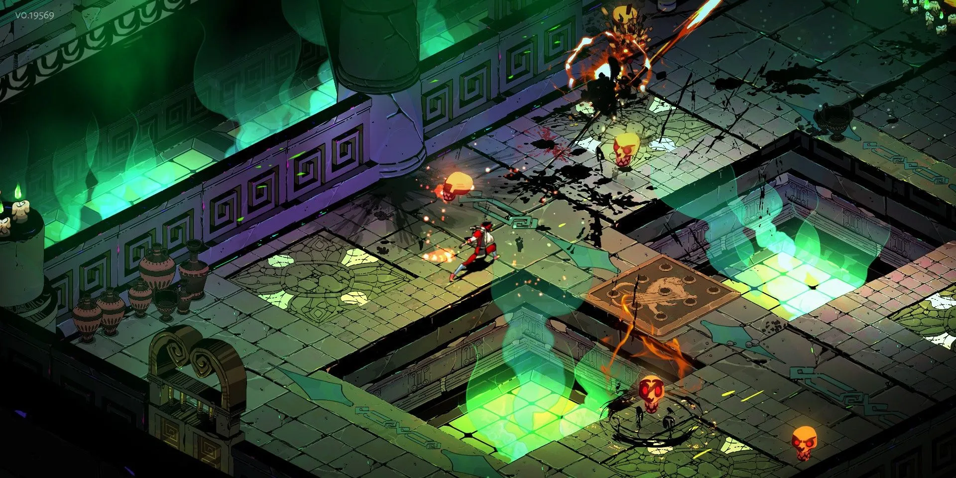 Zagreus, nhân vật chính của Hades, đang ném ngọn giáo trong một trận chiến