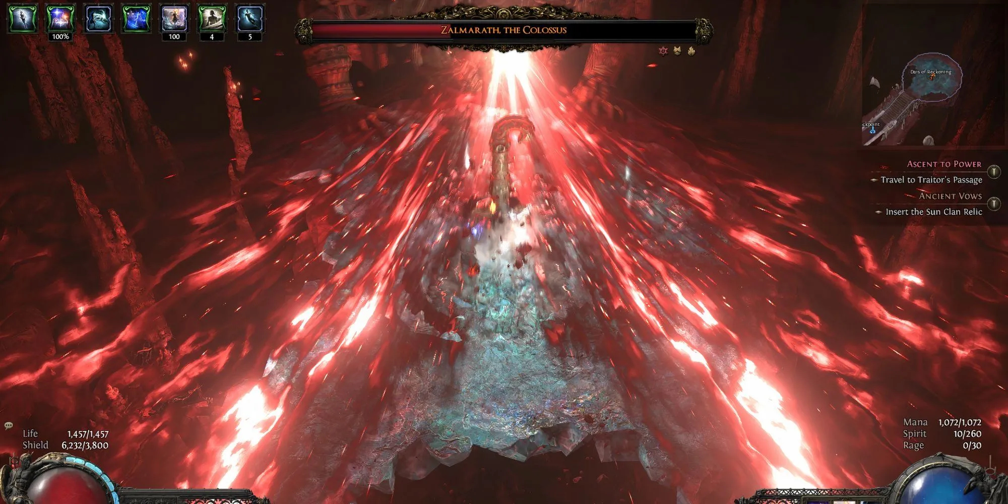 Zalmarath, Người Khổng Lồ, một boss khổng lồ băng giá trong Path of Exile II Màn 2, với đấu trường nhiều tầng.