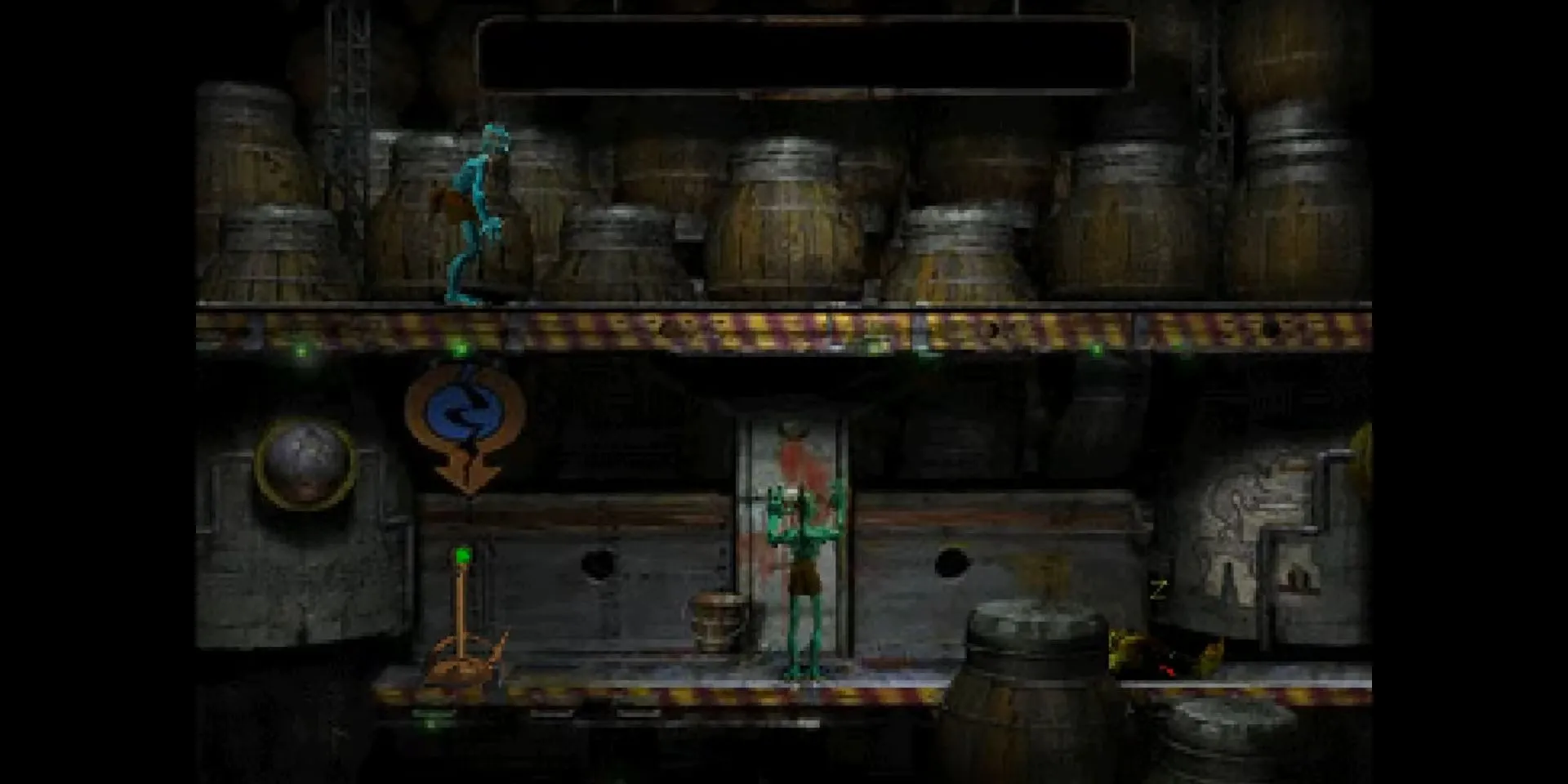 Abe trong nhà máy RuptureFarms của Oddworld: Abe’s Oddysee, cho thấy sự tương phản giữa bối cảnh công nghiệp và nhân vật hoạt hình.