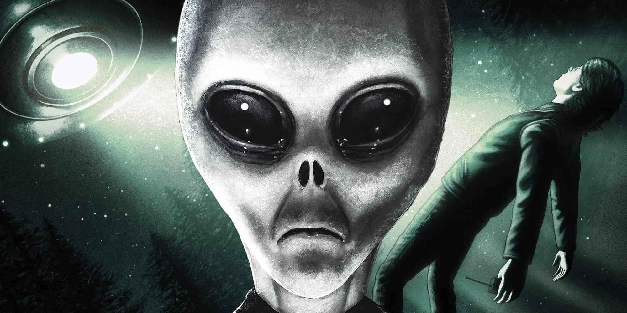 An imposing alien from the game Greyhill Incident and an abductee being beamed into the sky