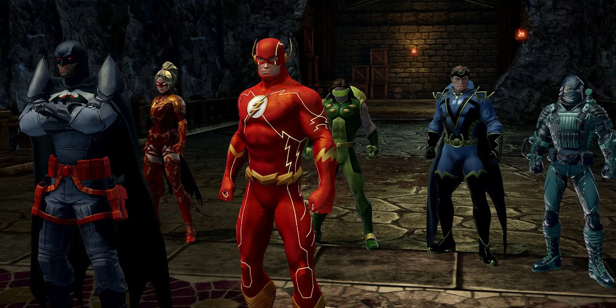 Ảnh bìa game DC Universe Online hiển thị nhiều siêu anh hùng và phản diện trong thế giới DC