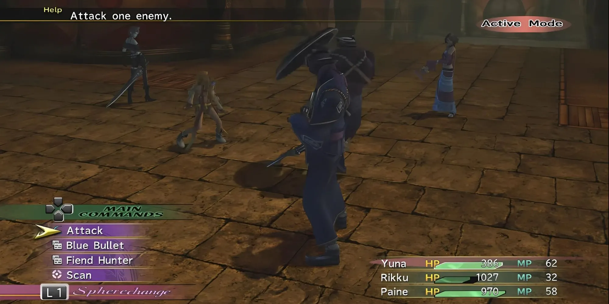 Ảnh chụp màn hình trận chiến trong Final Fantasy X-2, hiển thị ba nữ nhân vật chiến đấu trong giao diện ATB