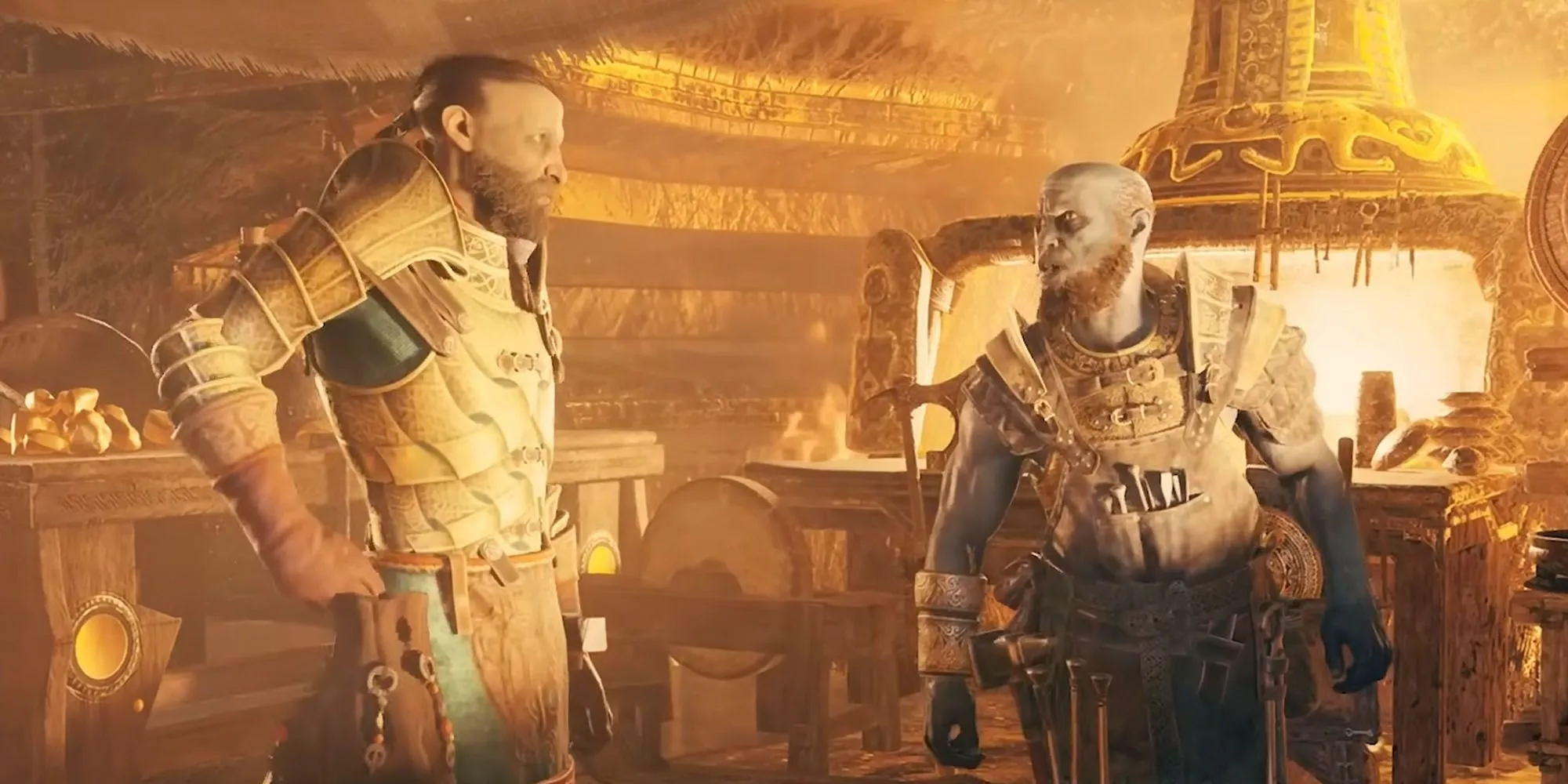 Anh em người lùn Brok và Sindri đứng cạnh nhau trong xưởng rèn của họ trong God of War
