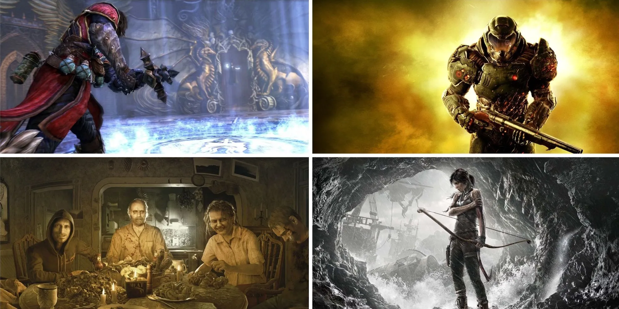 Ảnh ghép minh họa các game reboot thành công: Castlevania Lords of Shadow, DOOM 2016, Resident Evil 7, Tomb Raider 2013