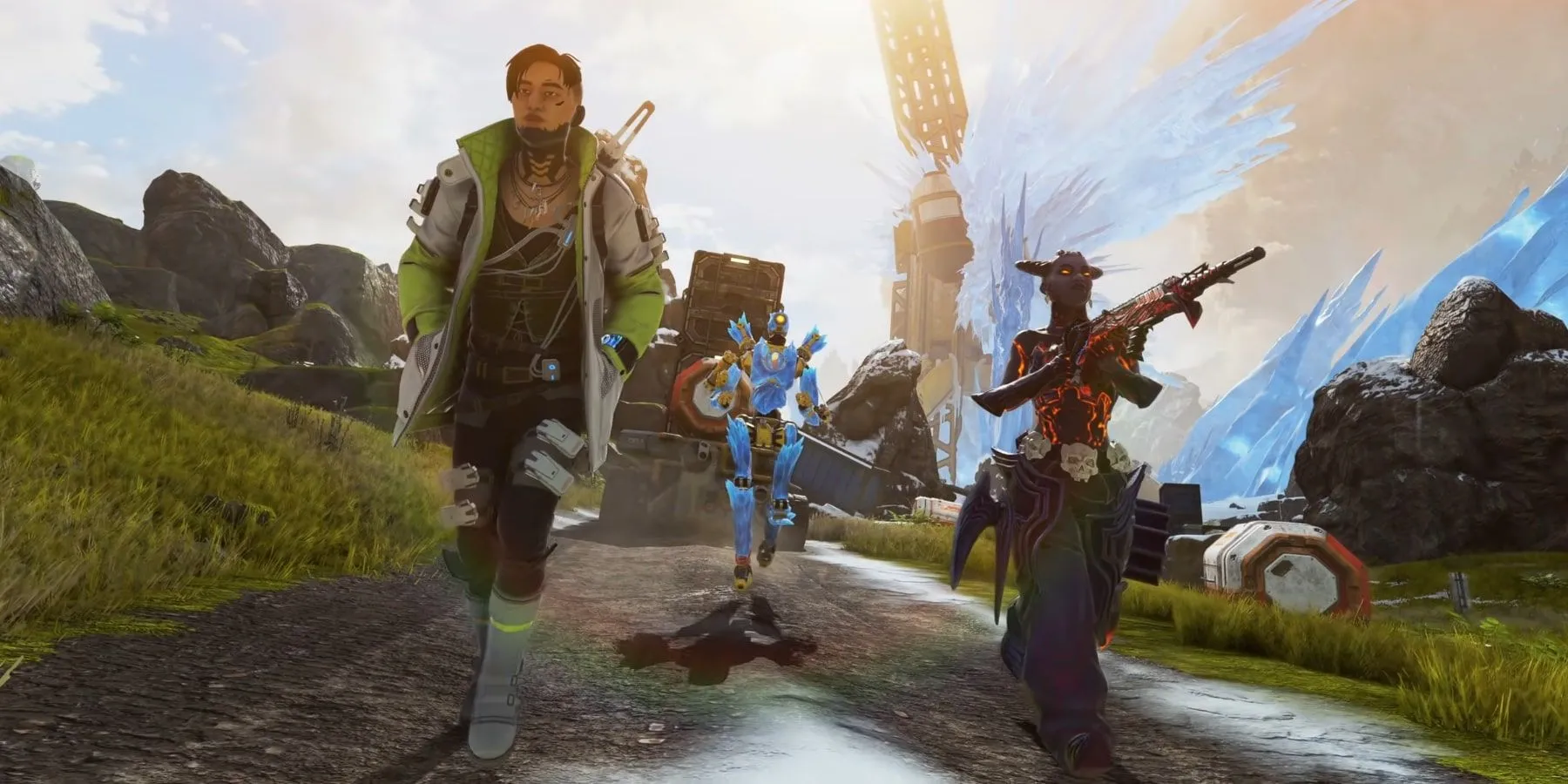 Ba nhân vật Crypto, Pathfinder và Lifeline trong game battle royale Apex Legends đang di chuyển trên bản đồ World's Edge