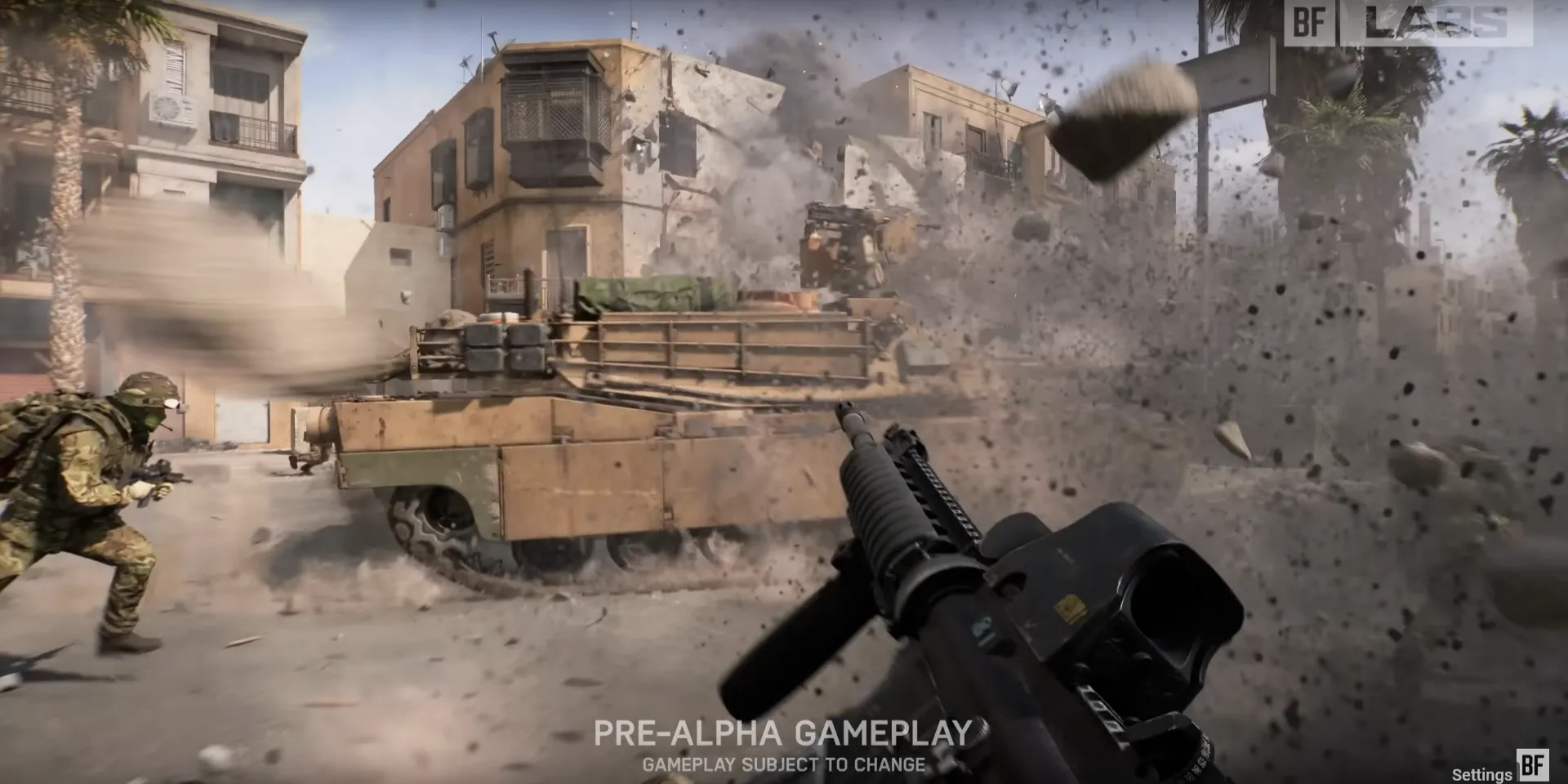 Binh sĩ Mỹ cùng xe tăng M1 Abrams trong hình ảnh được cho là của Battlefield 6, minh họa bối cảnh chiến tranh hiện đại