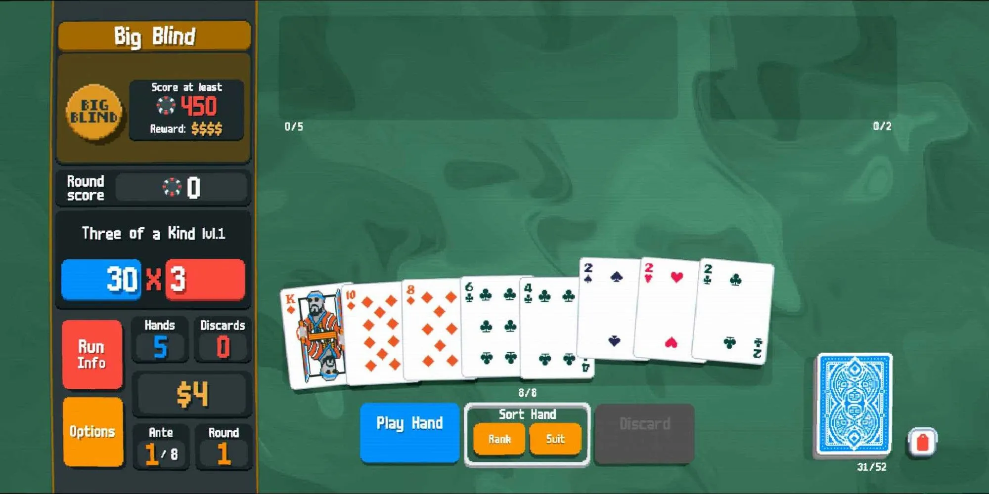 Bộ bài Sám Cô (Ba Lá) với các chỉ số Chips và Mult trong game Balatro