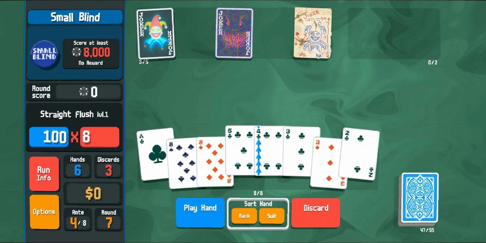 Bộ bài Sảnh Thùng (Straight Flush) trong Balatro với điểm Chips và Mult cao