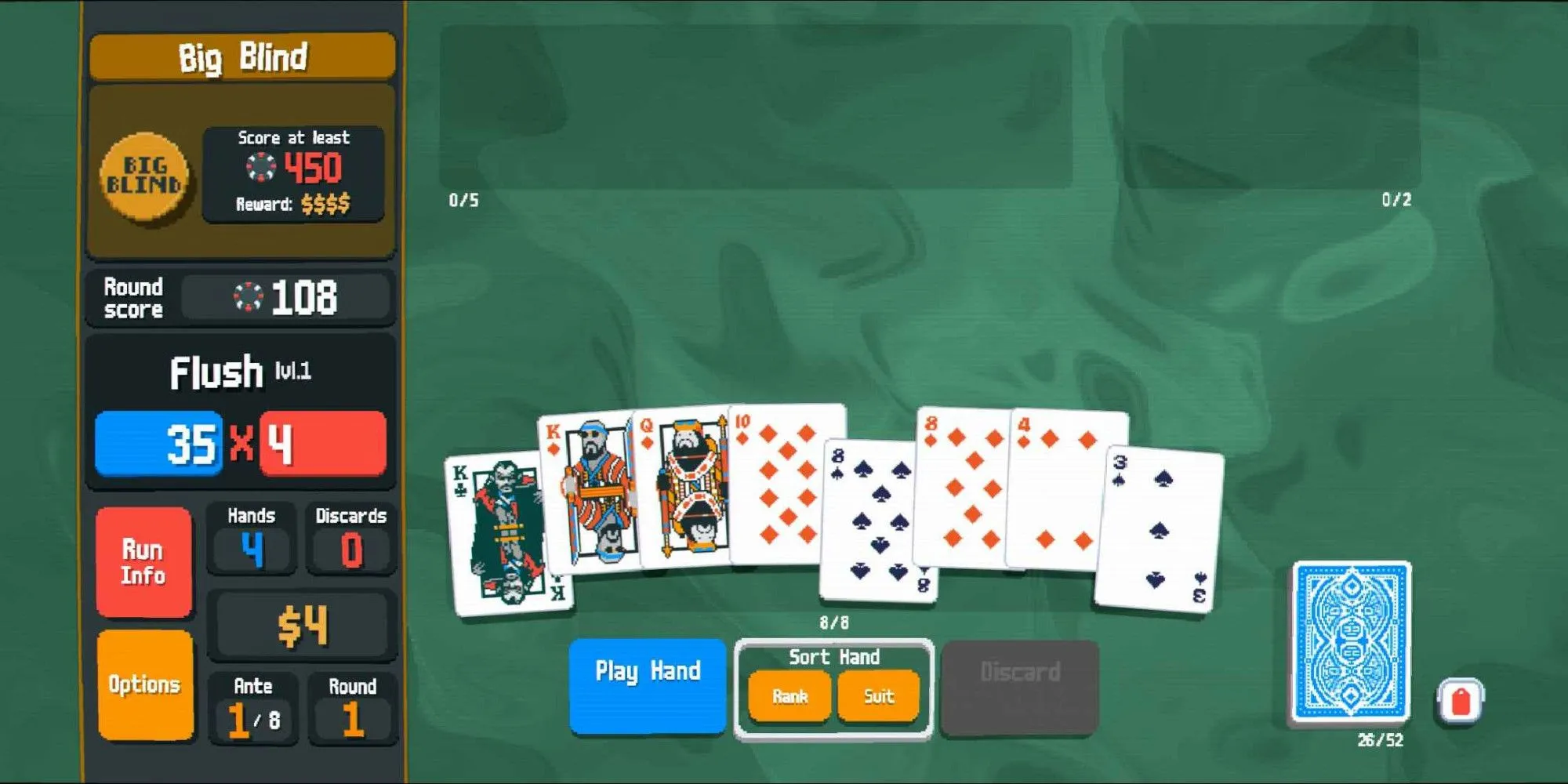 Bộ bài Thùng (Flush) và điểm cơ bản hiển thị trong game Balatro