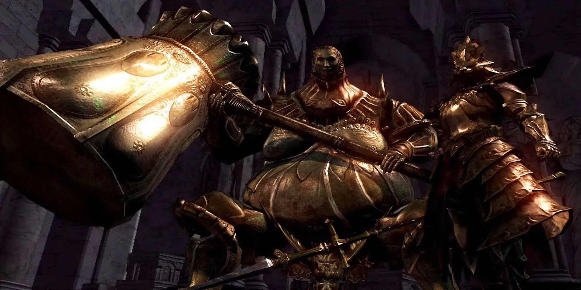 Bộ đôi boss Ornstein và Smough đứng cạnh nhau trong game Dark Souls