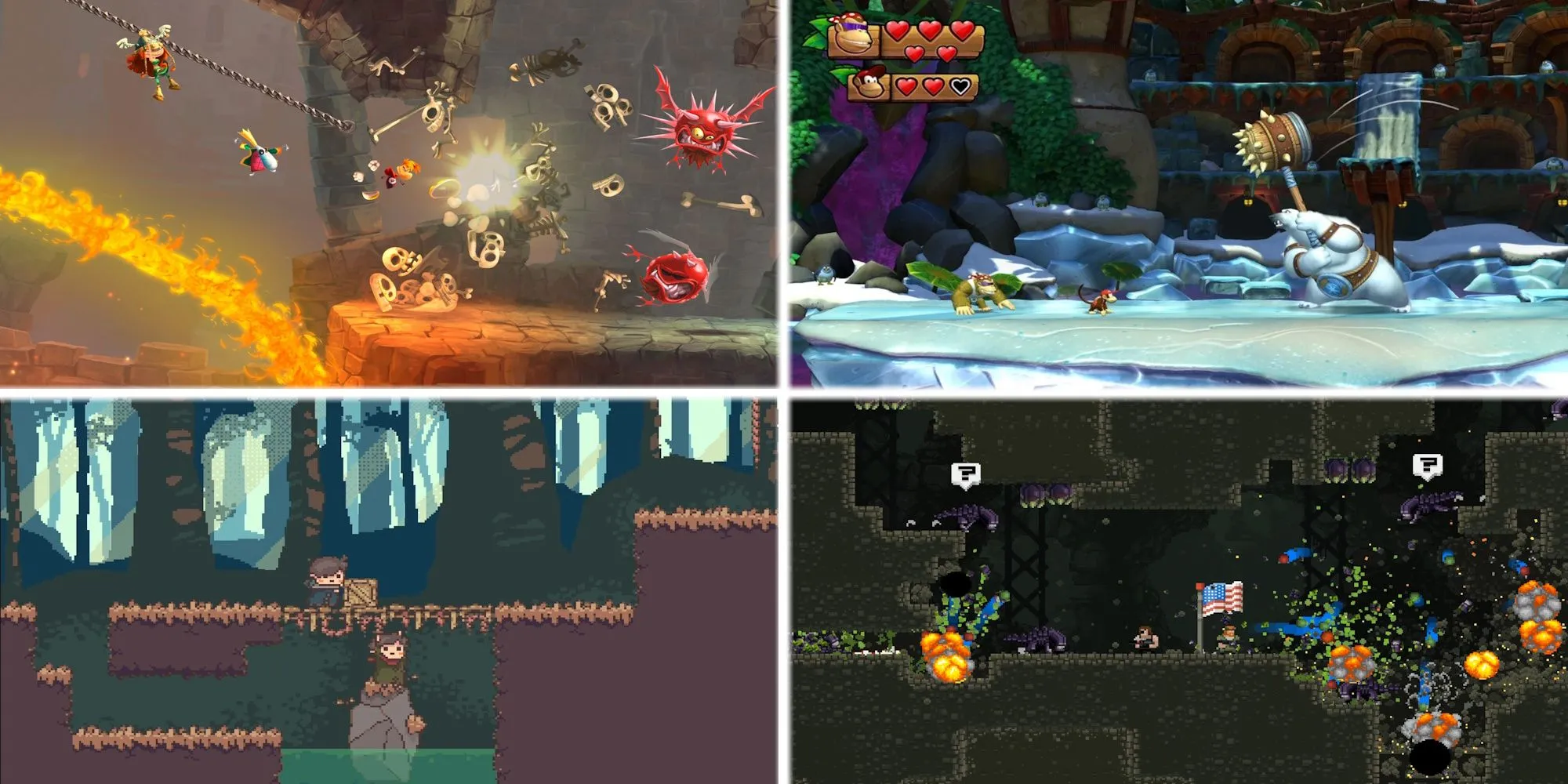 Bốn hình ảnh minh họa các game co-op platformer phổ biến như Rayman Legends, Broforce, Bokura và Donkey Kong Country: Tropical Freeze