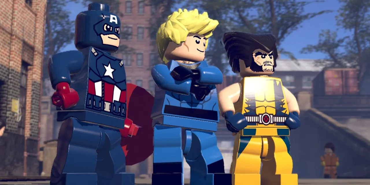 Các nhân vật LEGO của Captain America, Human Torch và Wolverine trong game LEGO Marvel Super Heroes.