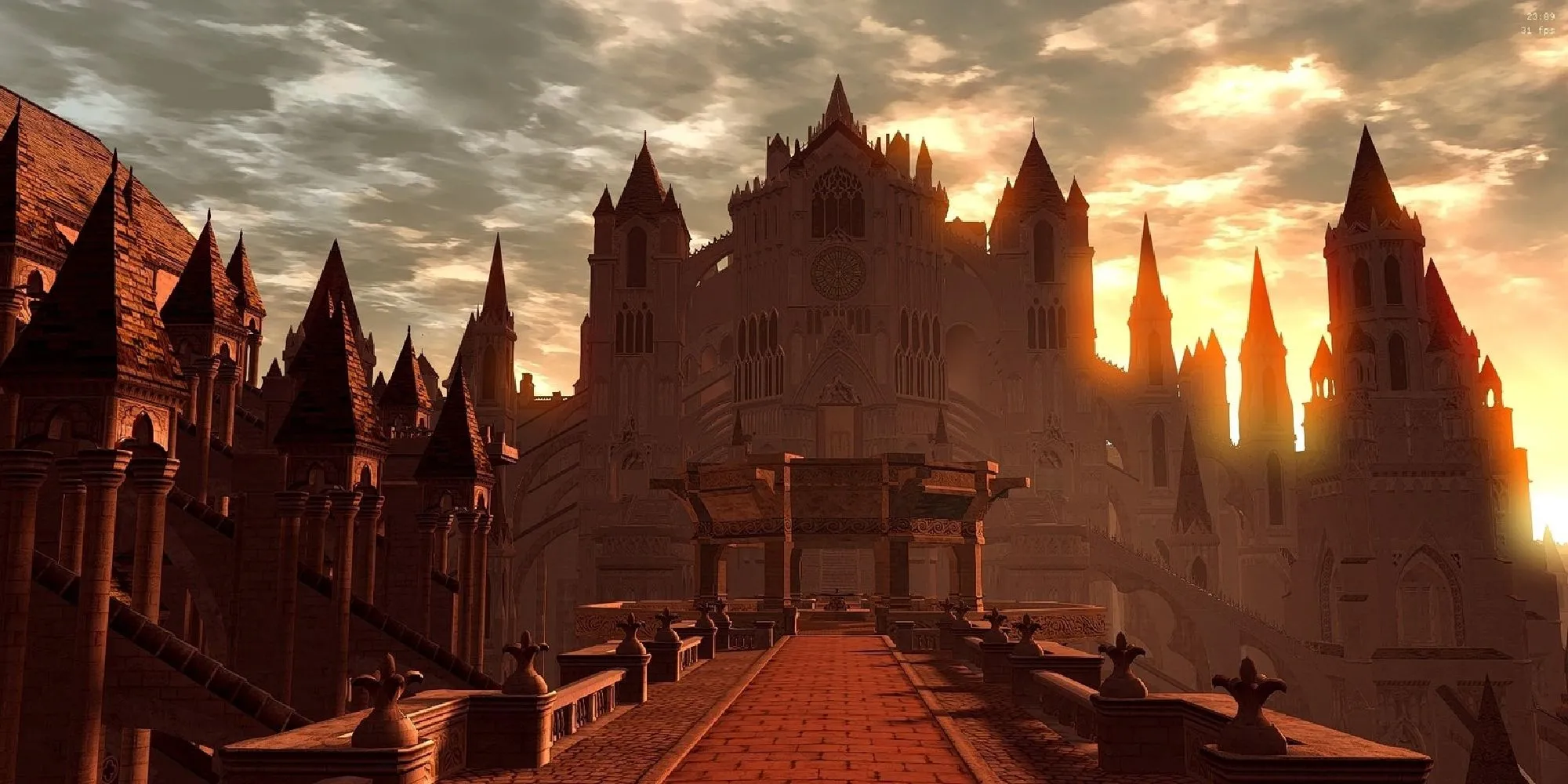 Cảnh Anor Londo trong ánh hoàng hôn trong game Dark Souls