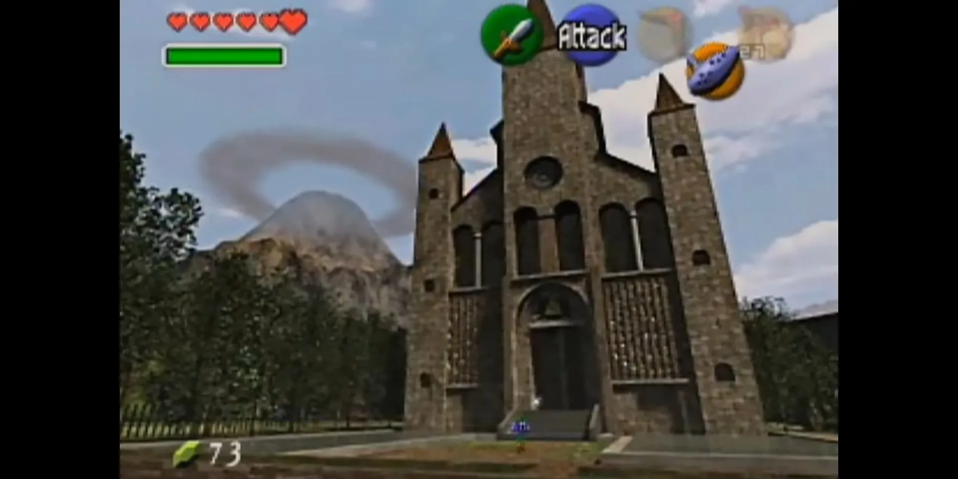 Cảnh bên ngoài Đền Thời Gian trong The Legend of Zelda: Ocarina of Time, thể hiện phông nền pre-rendered ấn tượng.