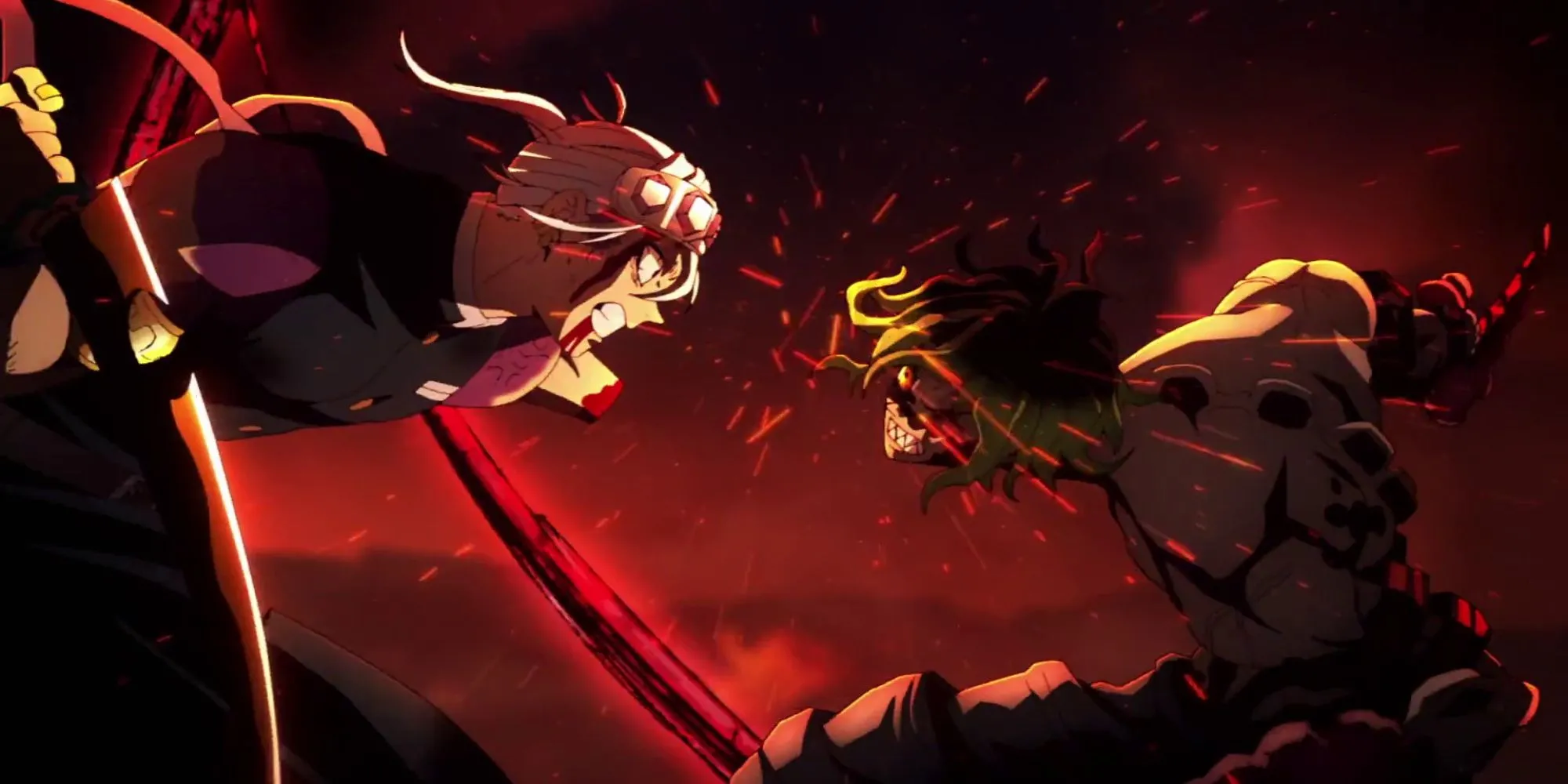 Cảnh chiến đấu mãn nhãn giữa Âm Trụ Uzui Tengen và Gyutaro trong Thanh Gươm Diệt Quỷ (Demon Slayer), minh chứng cho đồ họa đỉnh cao của Ufotable