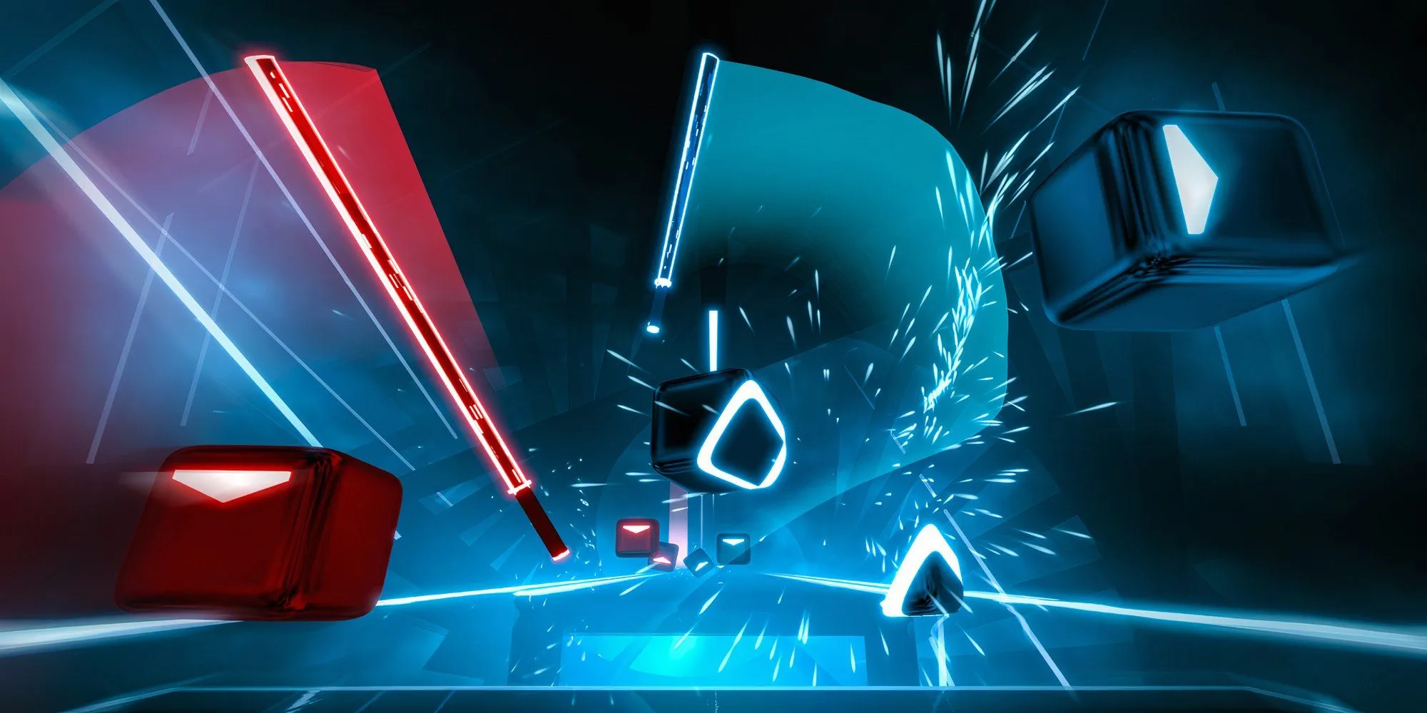 Cảnh gameplay thực tế ảo Beat Saber với người chơi dùng kiếm ánh sáng chém khối