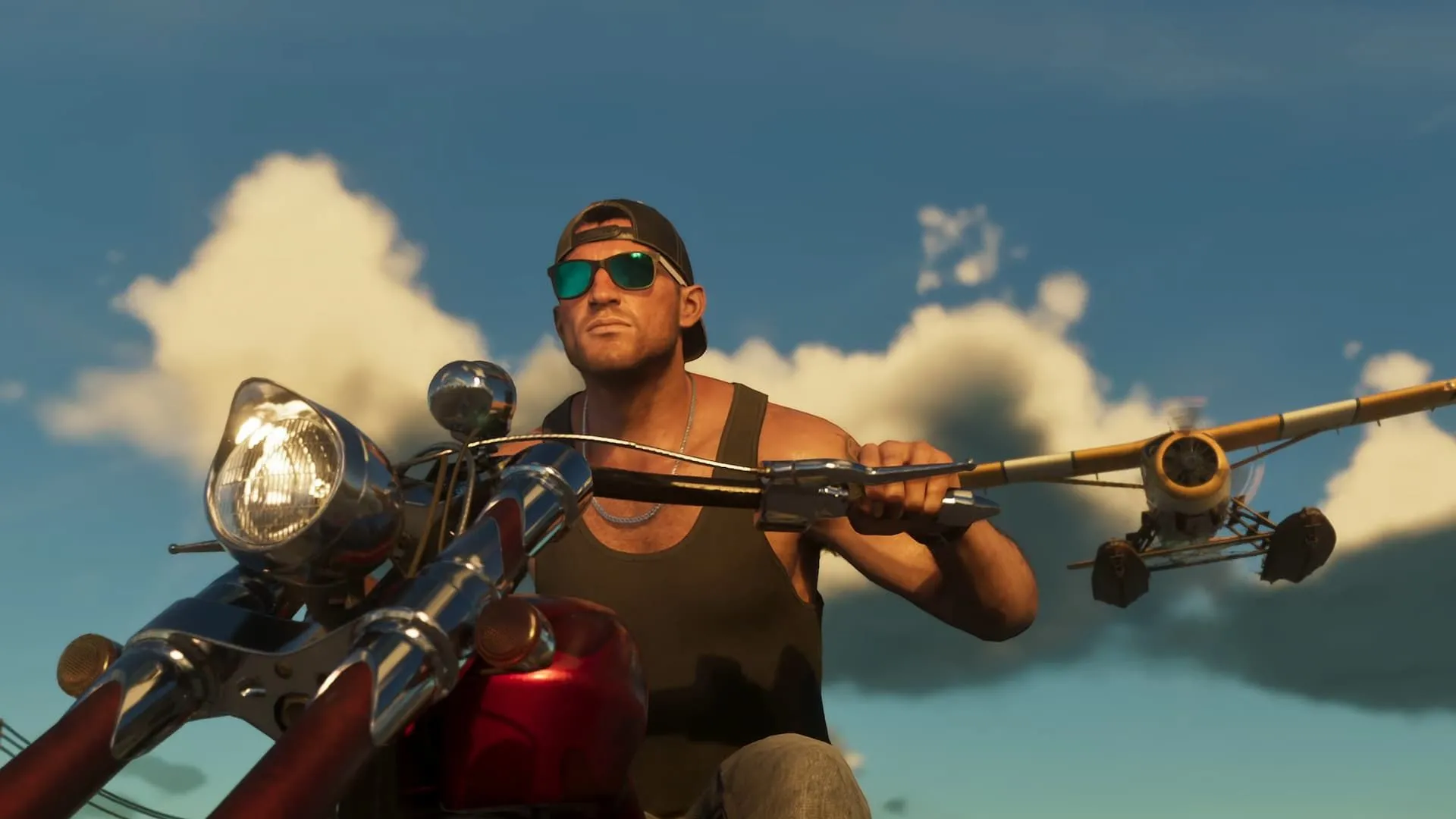 Cảnh người chơi lái xe mô tô trong thế giới mở rộng lớn của Grand Theft Auto VI