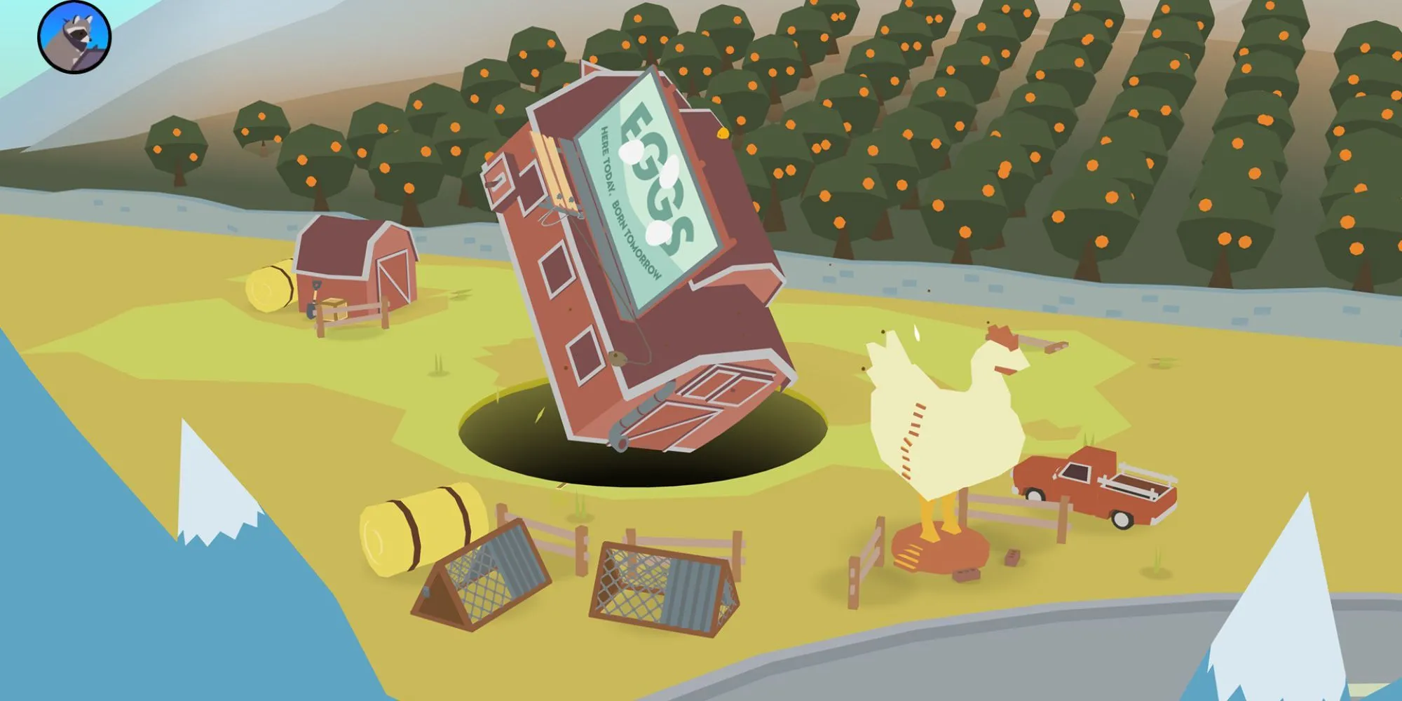 Cảnh quan đầy màu sắc đang bị hút vào một cái hố trong Donut County