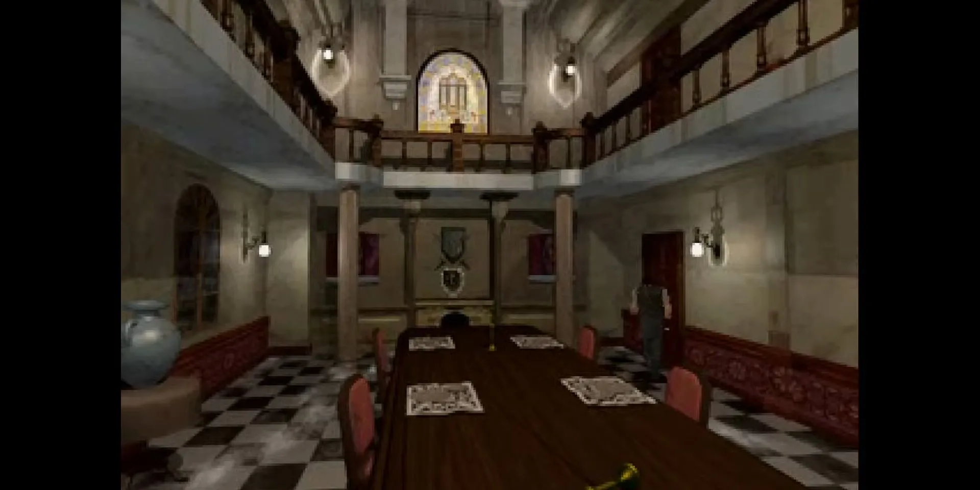 Chris Redfield trong phòng ăn của Dinh Thự Spencer, minh họa phông nền pre-rendered tạo không khí căng thẳng trong Resident Evil (1996).