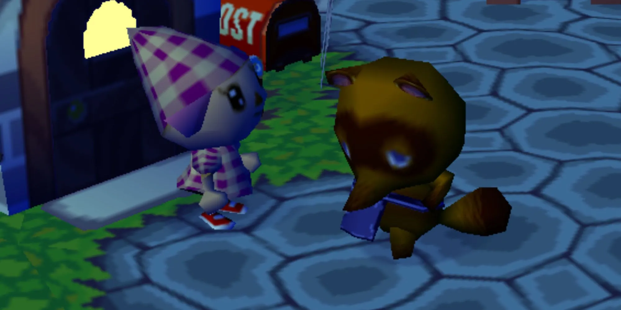 Chú gấu trúc Tom Nook mỉm cười, mặc tạp dề, đứng sau quầy hàng trong Animal Crossing