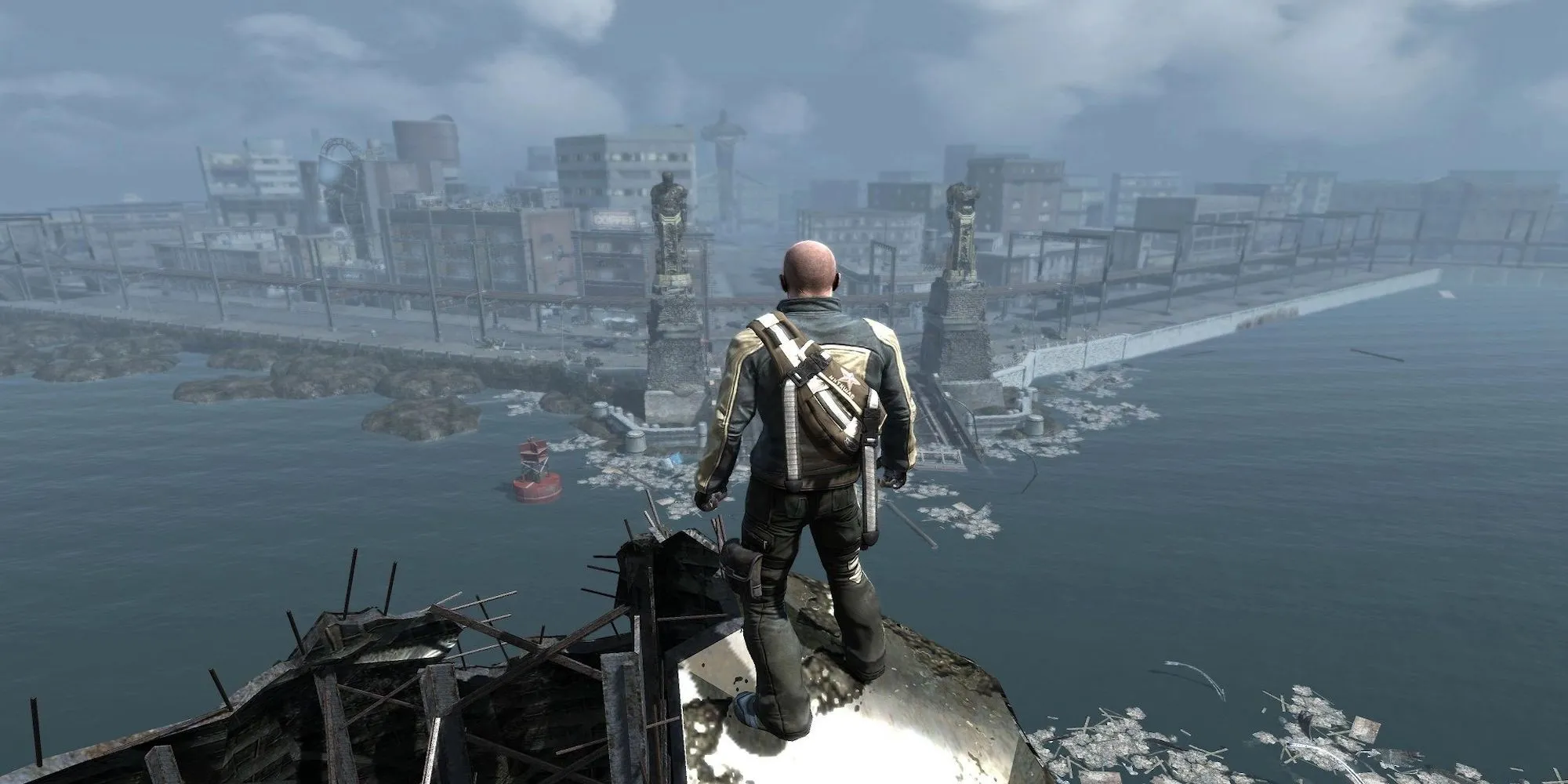 Cole MacGrath nhìn ra thành phố Empire trong Infamous
