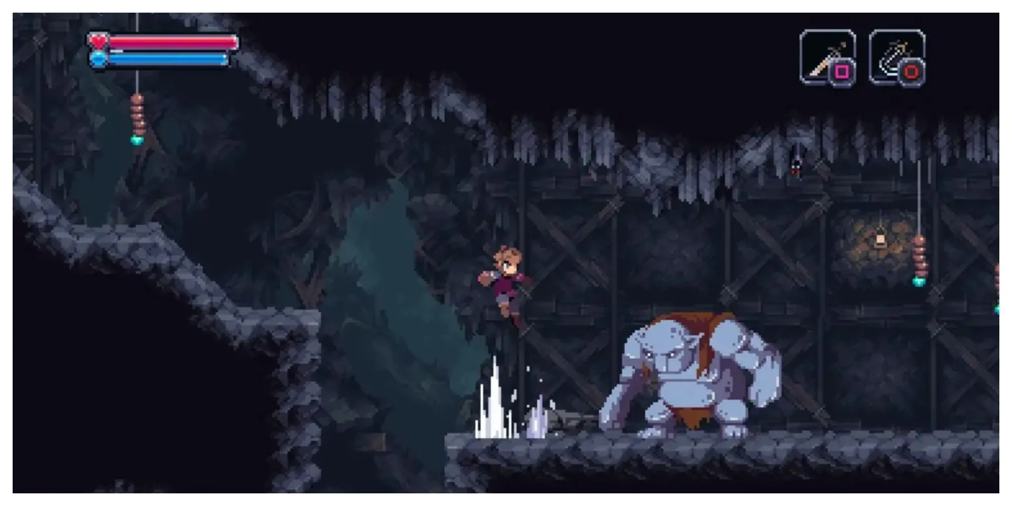 Đồ họa pixel art ấn tượng trong game Chasm, mô tả môi trường hầm mỏ.