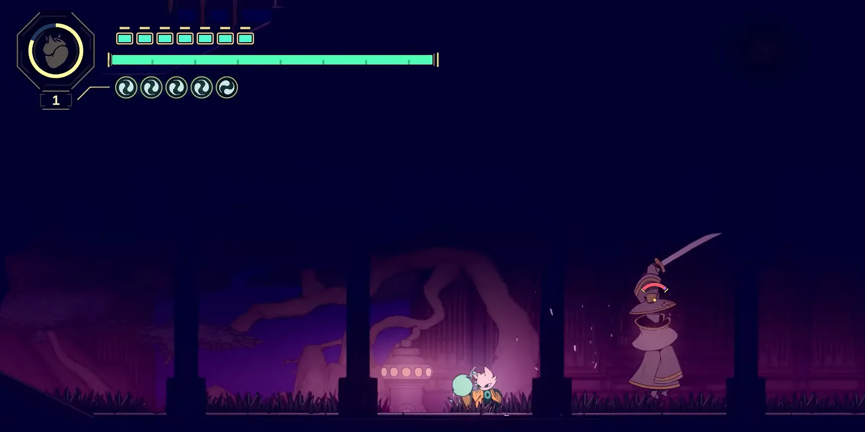 Đối mặt với kẻ địch cuối game tại Khu Sinh Hoạt thuộc Khu Empyrean, một trong các điểm farm Jin Nine Sols.