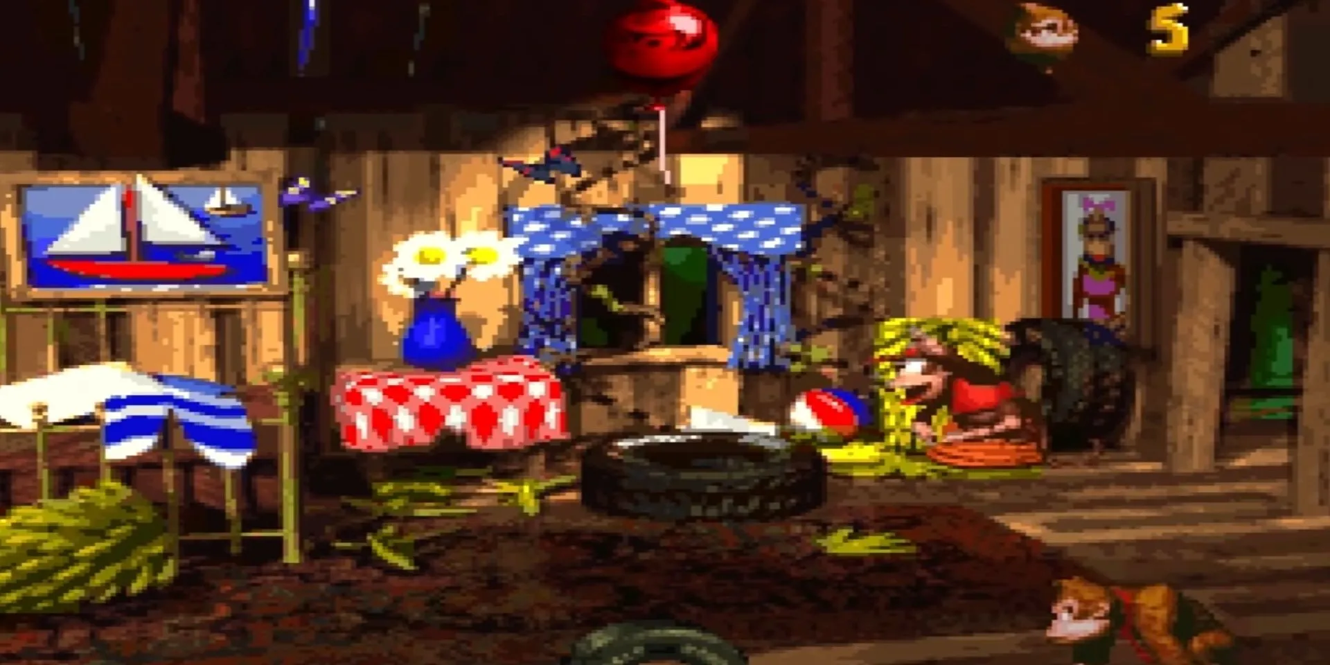 Donkey Kong và Diddy Kong trên phông nền pre-rendered đầy chi tiết trong tựa game Platformer Donkey Kong Country.