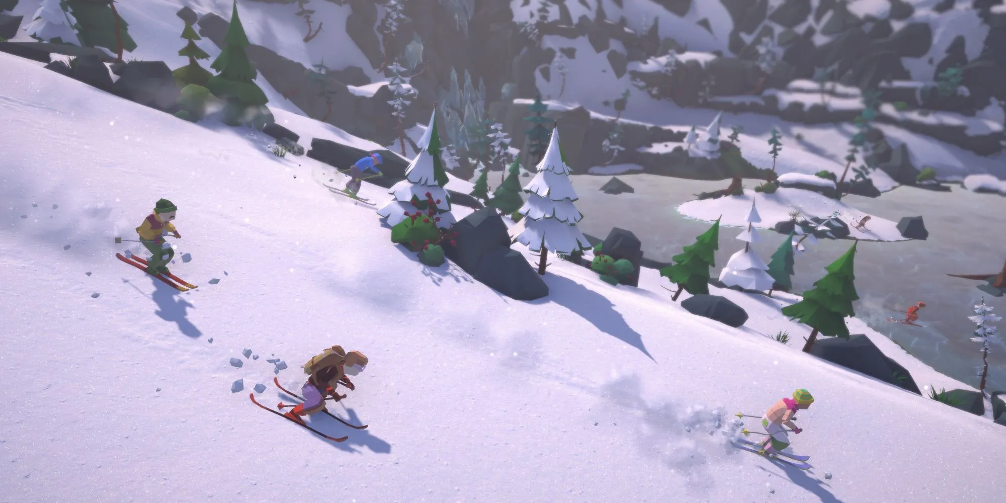Đường mòn trượt tuyết giữa cảnh quan tuyết phủ trong Lonely Mountains Snow Riders