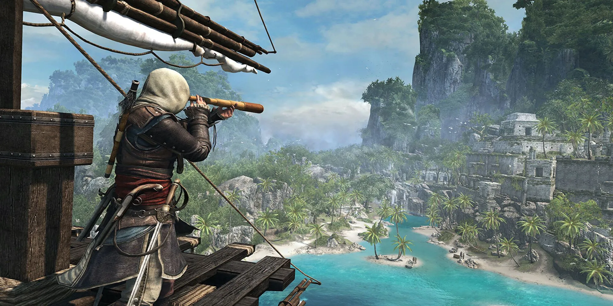 Edward Kenway nhìn ra biển trên tàu hải tặc trong Assassin's Creed 4: Black Flag.