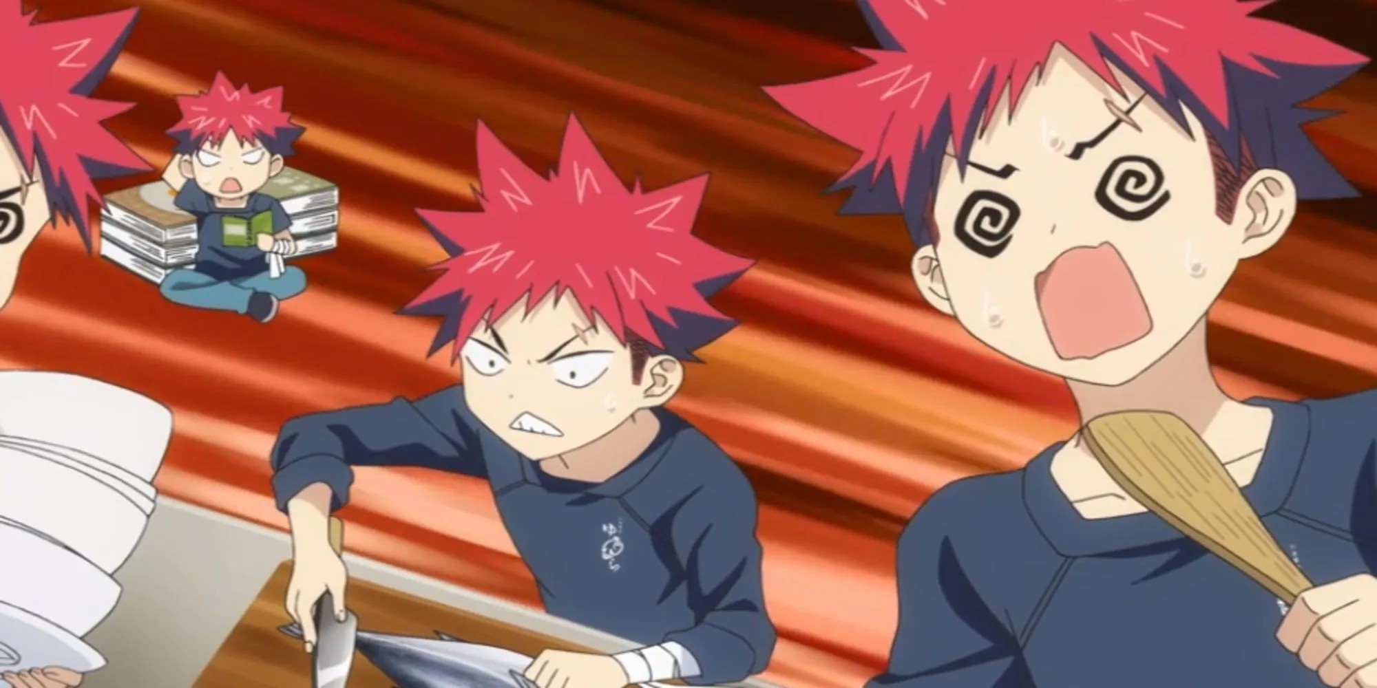 Food Wars: Sōma Yukihira multiples working hard in the kitchen and with books