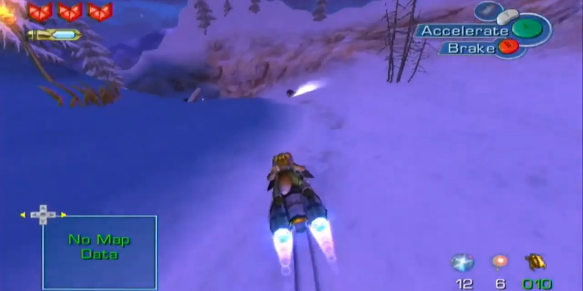 Fox McCloud lái xe trượt tuyết trong khu vực băng giá của Star Fox Adventures