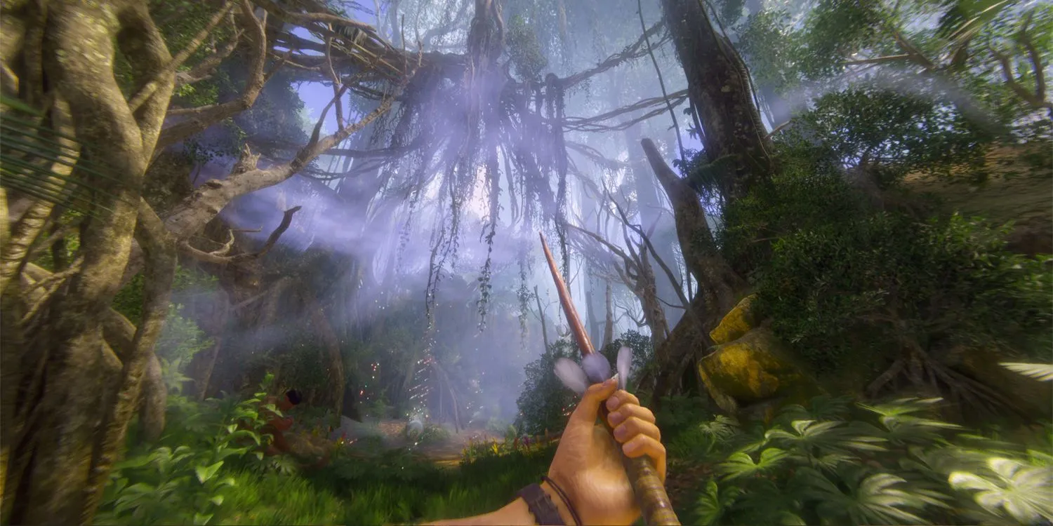 Gameplay của Green Hell với nhân vật nhìn ra rừng rậm Amazon.