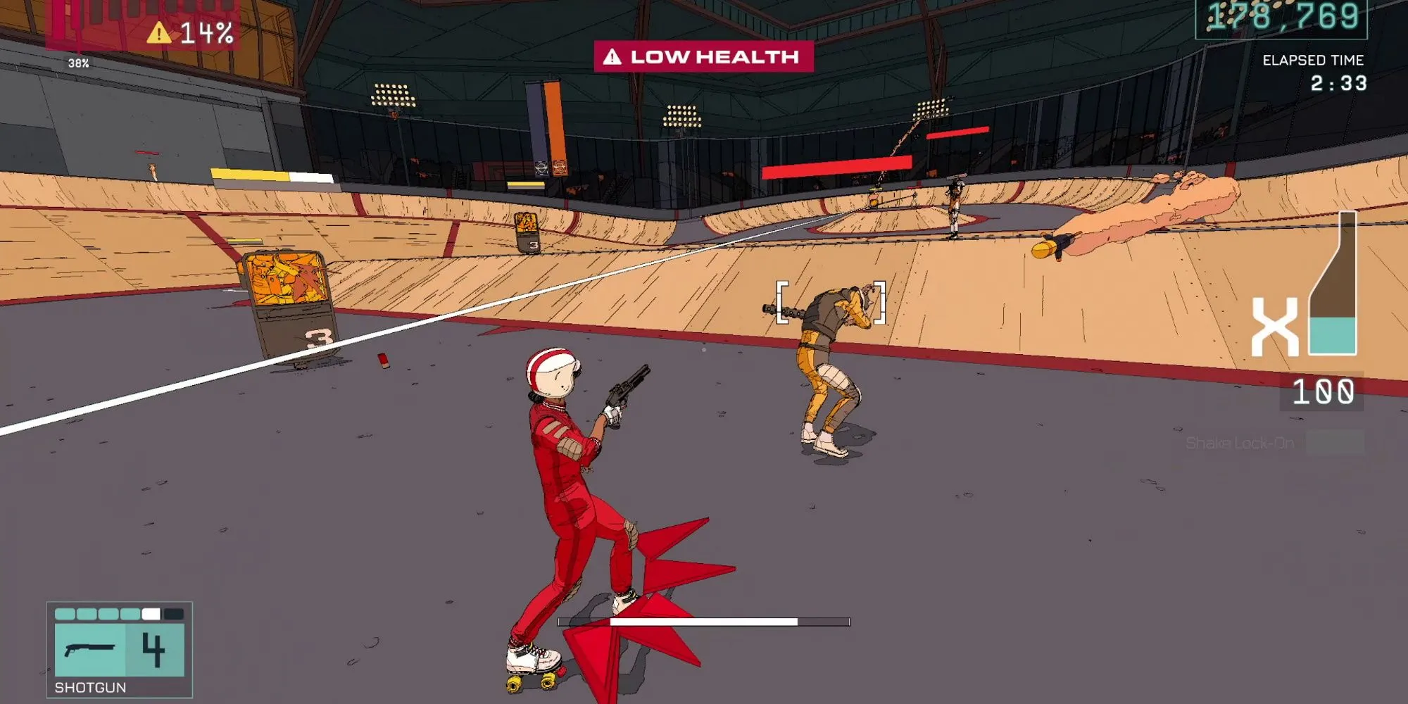 Gameplay game Rollerdrome: Nhân vật thực hiện động tác trượt patin và chiến đấu tốc độ cao