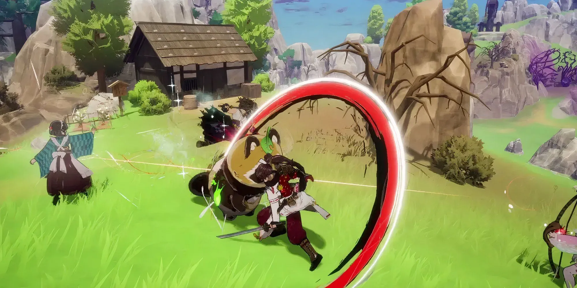 Gameplay Rune Factory Guardians Of Azuma: Nhân vật chính chiến đấu trong bối cảnh giả tưởng đẹp mắt, giới thiệu lối chơi hành động RPG.