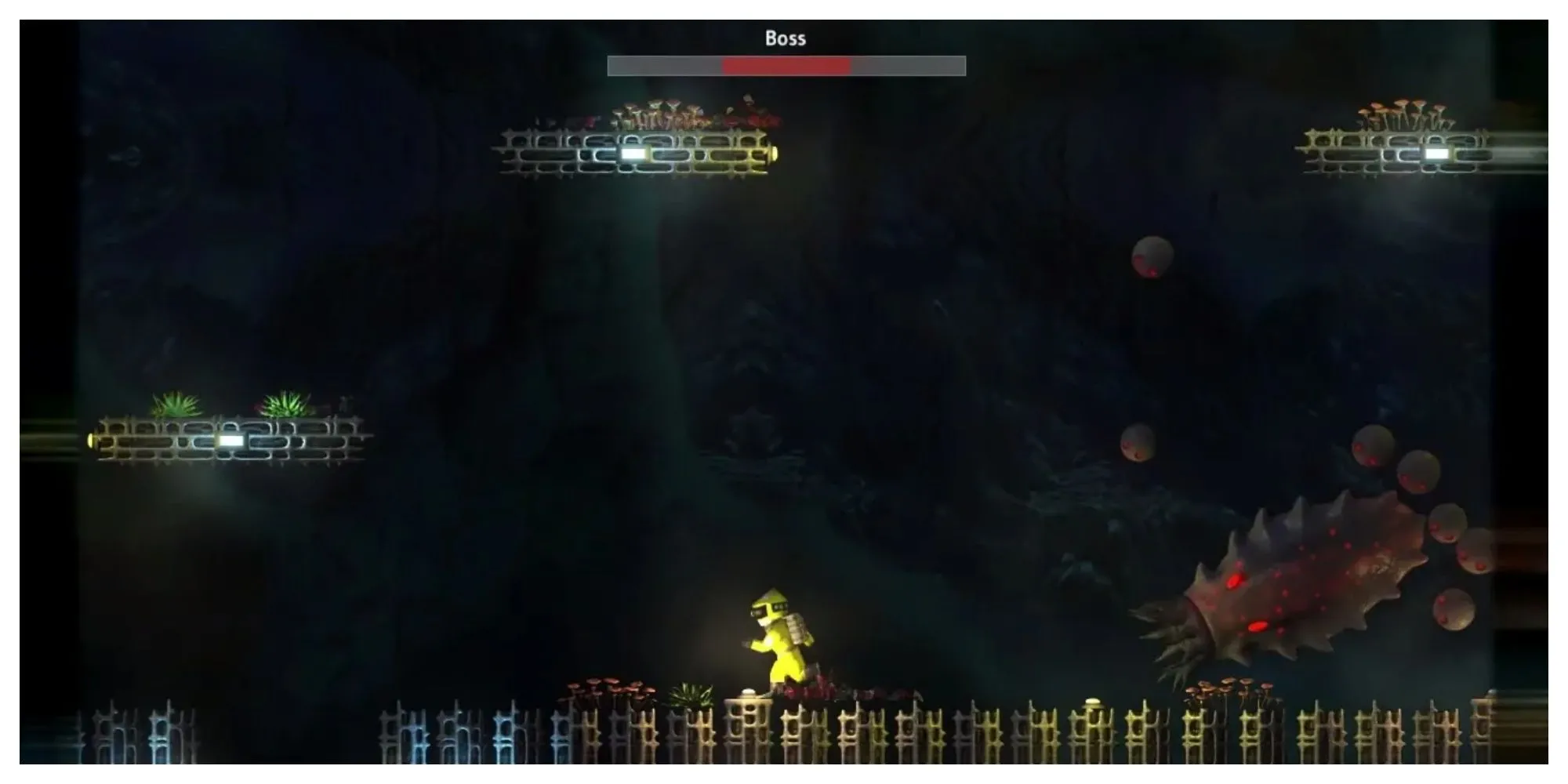 Gameplay Weapon Hacker: Nhân vật chiến đấu với vũ khí tùy chỉnh trong môi trường hang động.