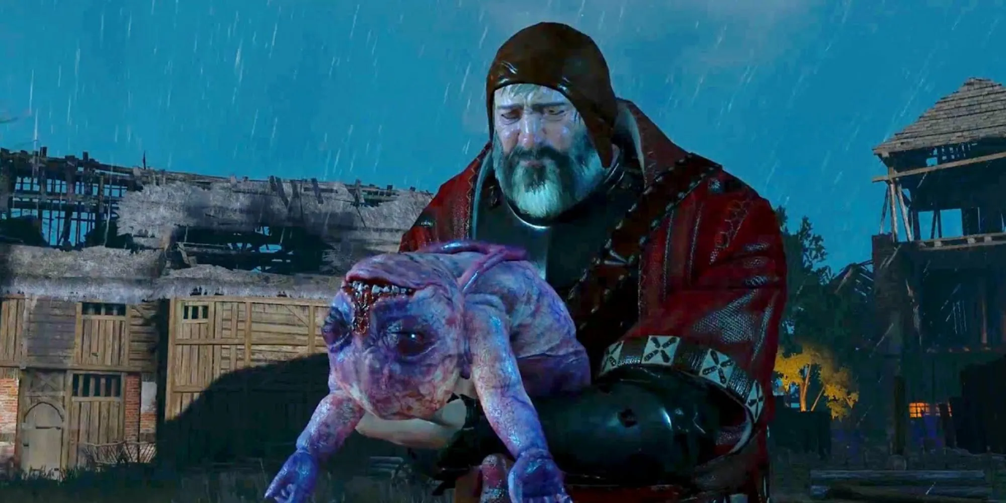 Geralt đối mặt với một Botchling trong môi trường ẩm ướt, tối tăm trong The Witcher 3 Wild Hunt