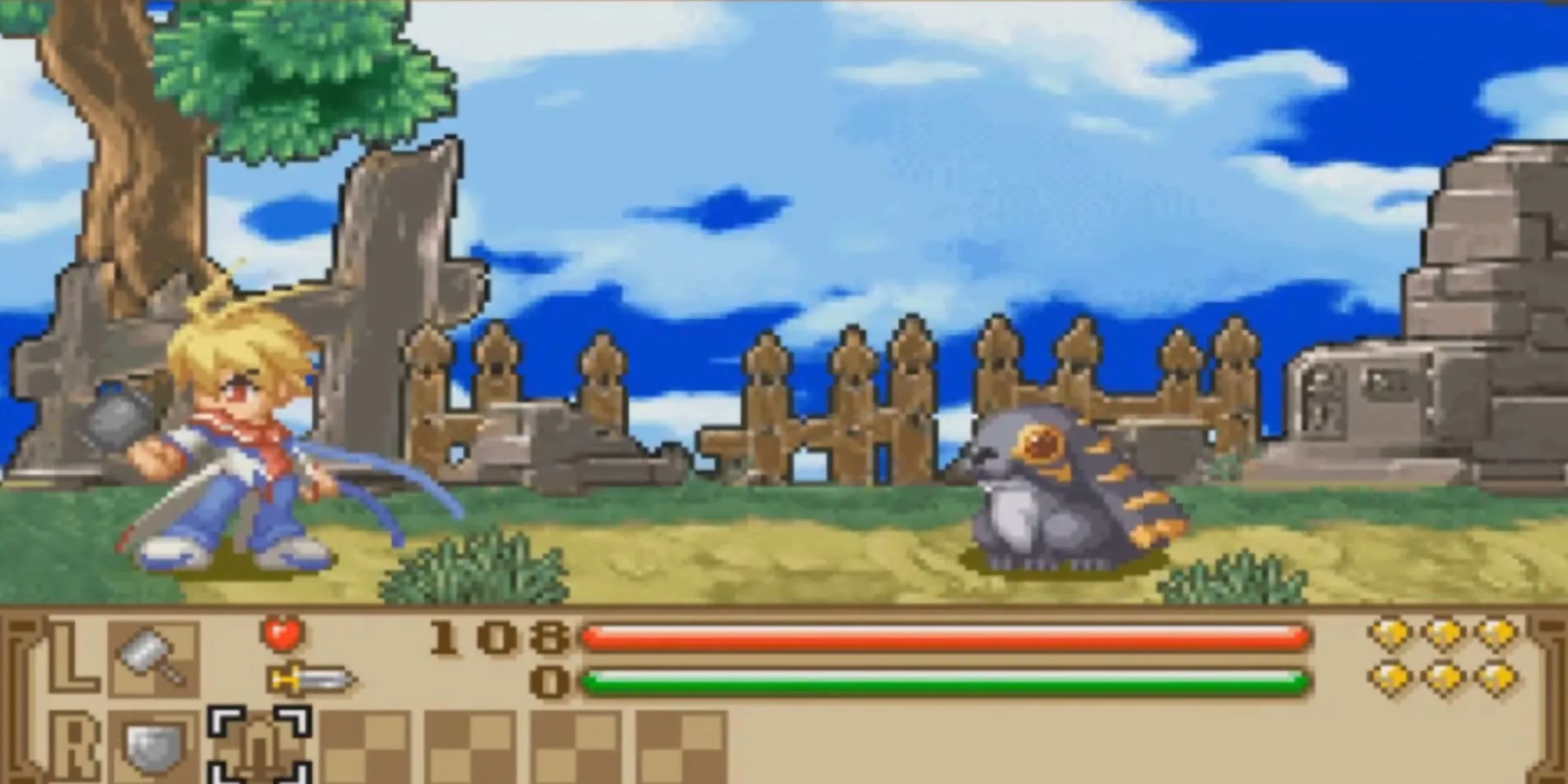 Giao diện chiến đấu hành động trong Summon Night Swordcraft Story 2 trên GBA