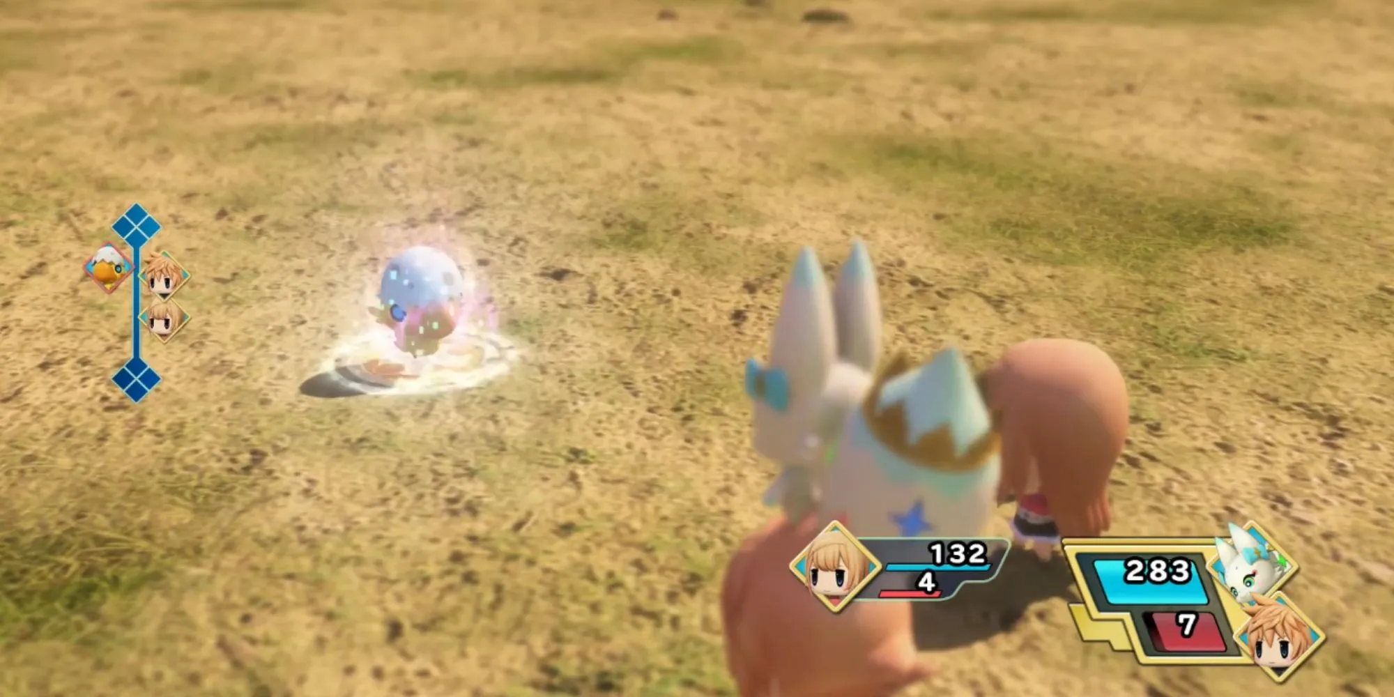Giao diện chiến đấu theo lượt trong World of Final Fantasy, với các nhân vật xếp chồng lên nhau (Stack) và thanh ATB