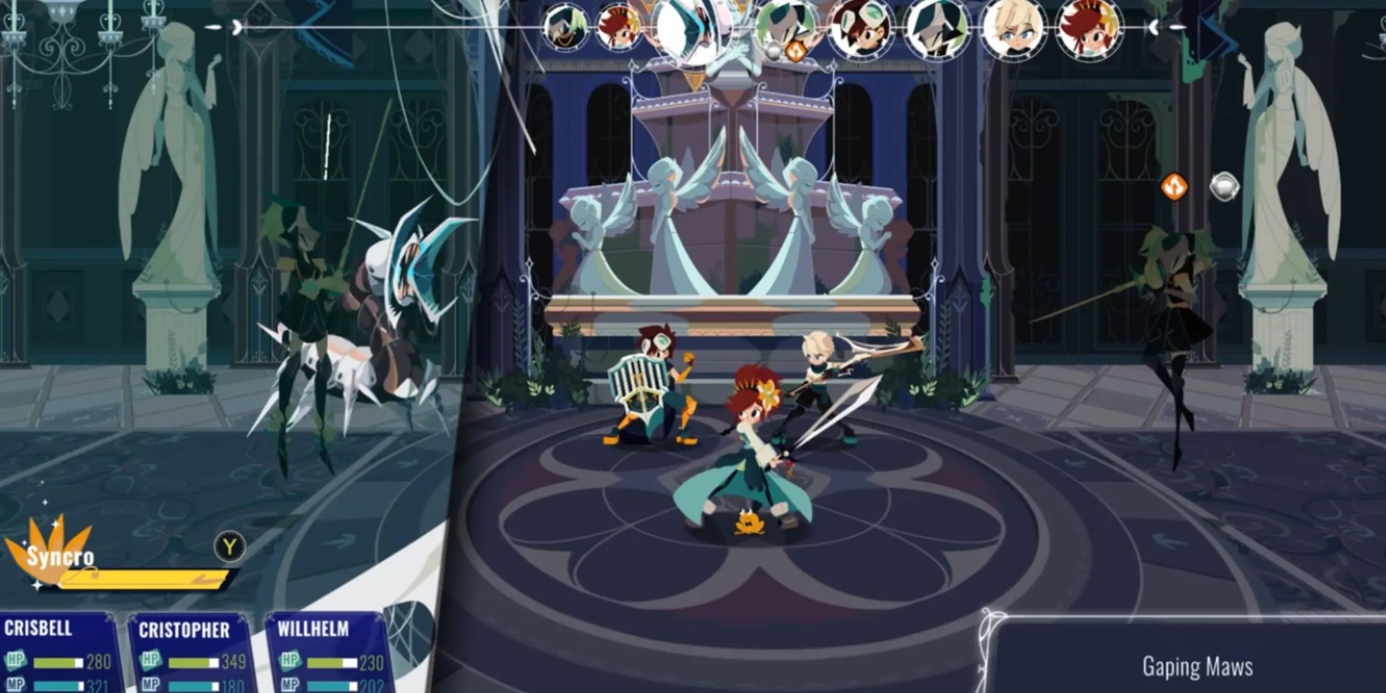 Giao diện chiến đấu trong Cris Tales, game JRPG indie nổi bật với cơ chế du hành thời gian độc đáo