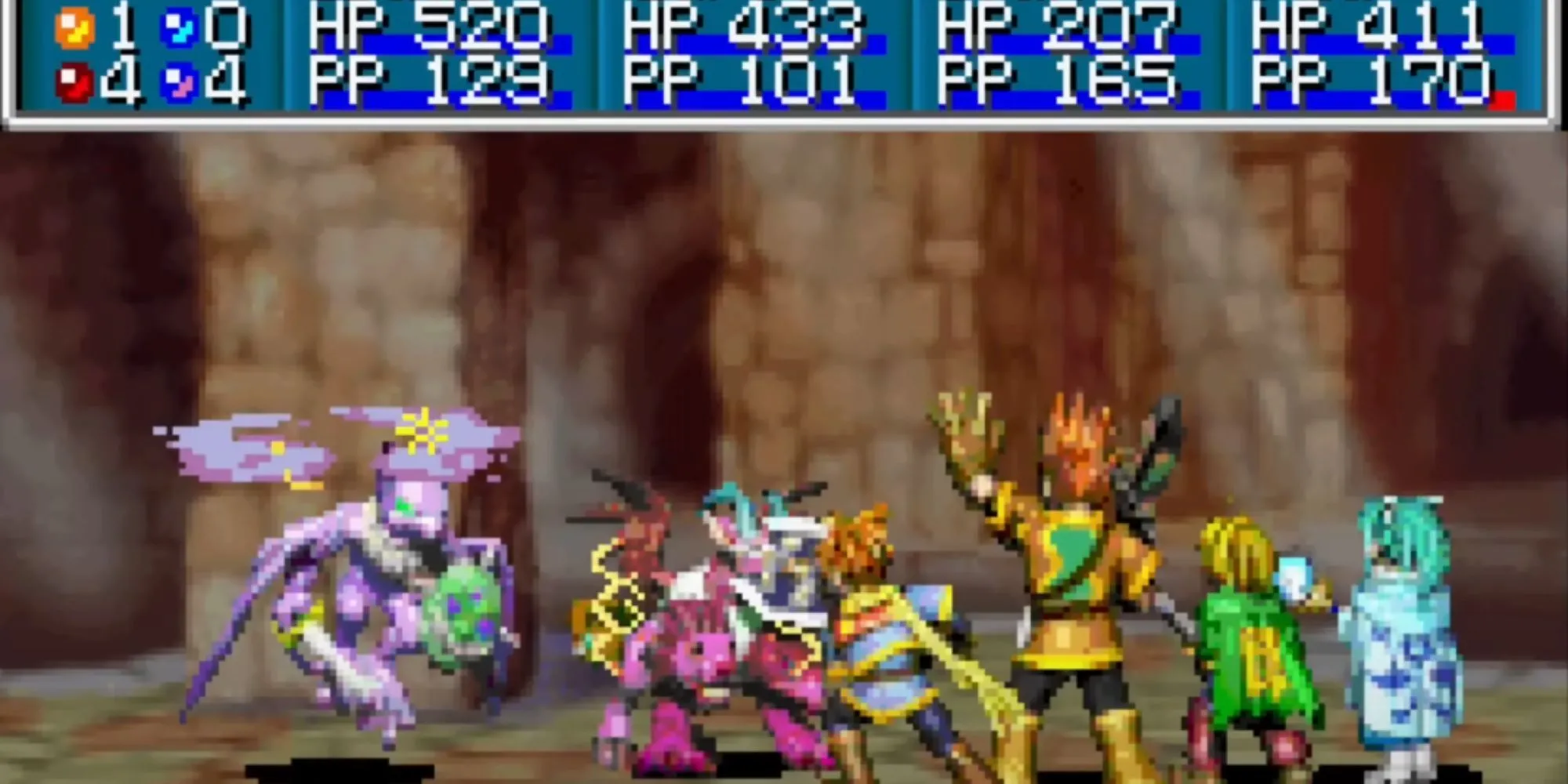 Giao diện chiến đấu trong game Golden Sun trên GBA
