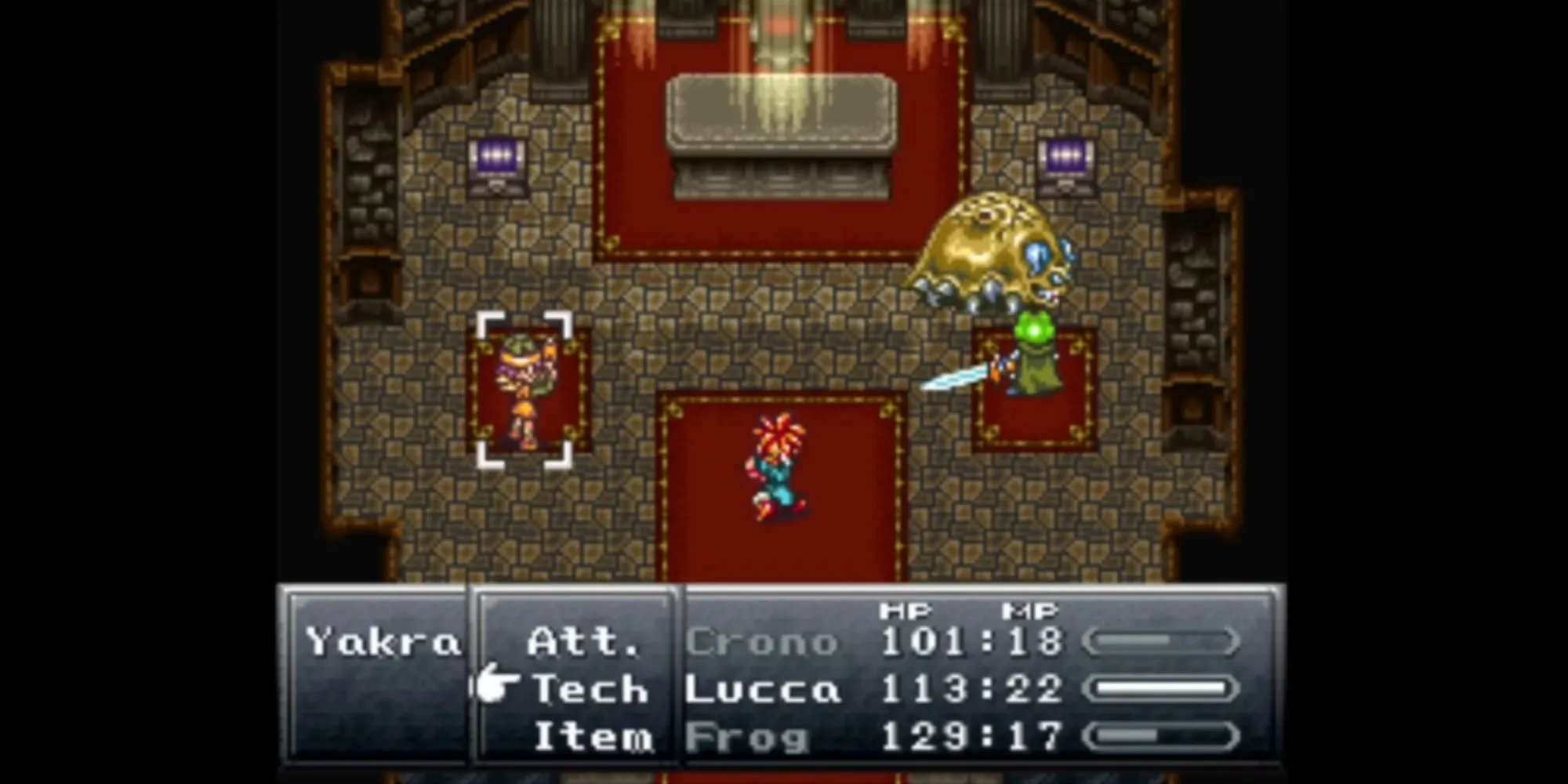 Giao diện chiến đấu trong game JRPG kinh điển Chrono Trigger, hiển thị các nhân vật và kẻ địch trên chiến trường động
